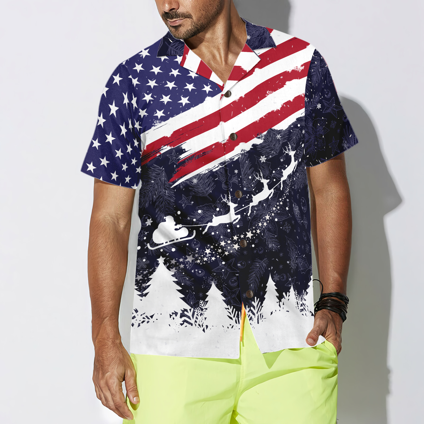 WW | Hyperfavor Weihnachts-Hawaiianhemden, Frohe Weihnachten USA-Flaggenmuster-Shirt Kurzarm, Weihnachtshemd-Idee Geschenk für Männer und Frauen