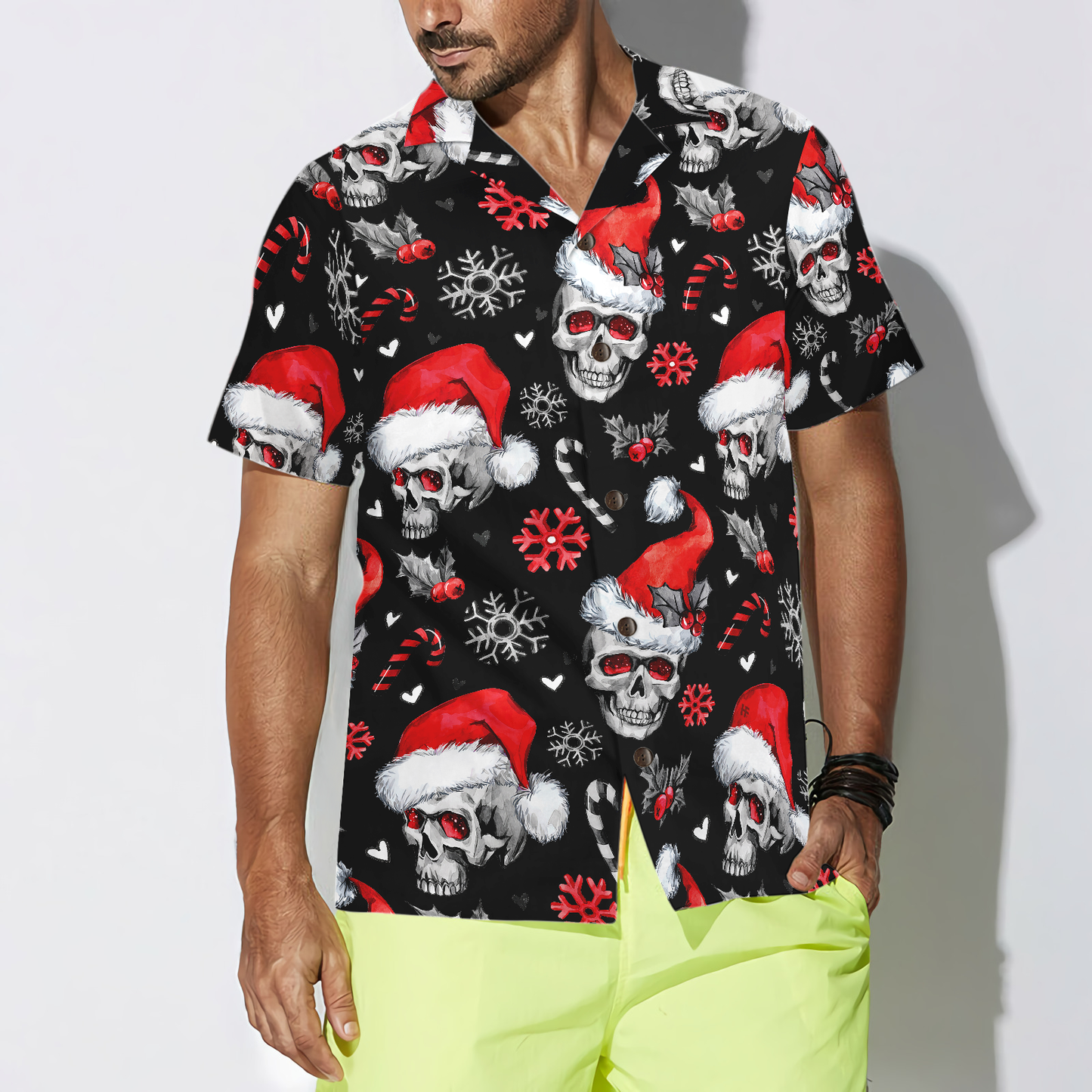 WW | Weihnachts-Schädel mit Zuckerstangen Weihnachts-Hawaiian-Shirt, Schädel Weihnachts-Hawaiian-Shirt für Herren