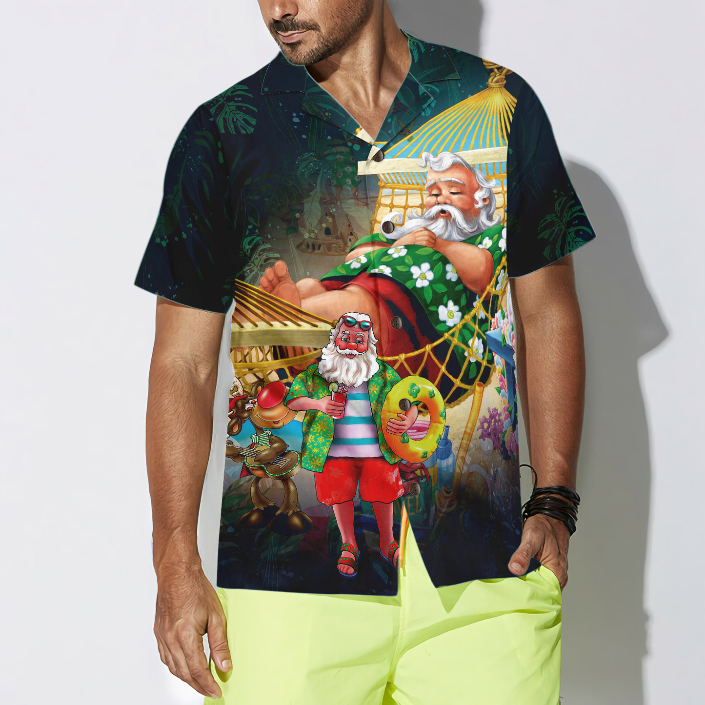 WW | Hyperfavor Weihnachts-Hawaiian-Shirts, Weihnachtsmann am Strand Kurzarmhemd, Weihnachtshemd Geschenkidee für Männer und Frauen