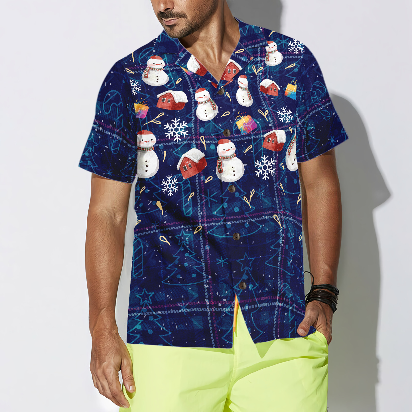 WW | Hyperfavor Weihnachts-Hawaiianhemden, Weihnachts-Schneemann dunkelblau kariertes Musterhemd mit kurzen Ärmeln, Weihnachtshemden Geschenkidee für Männer und Frauen