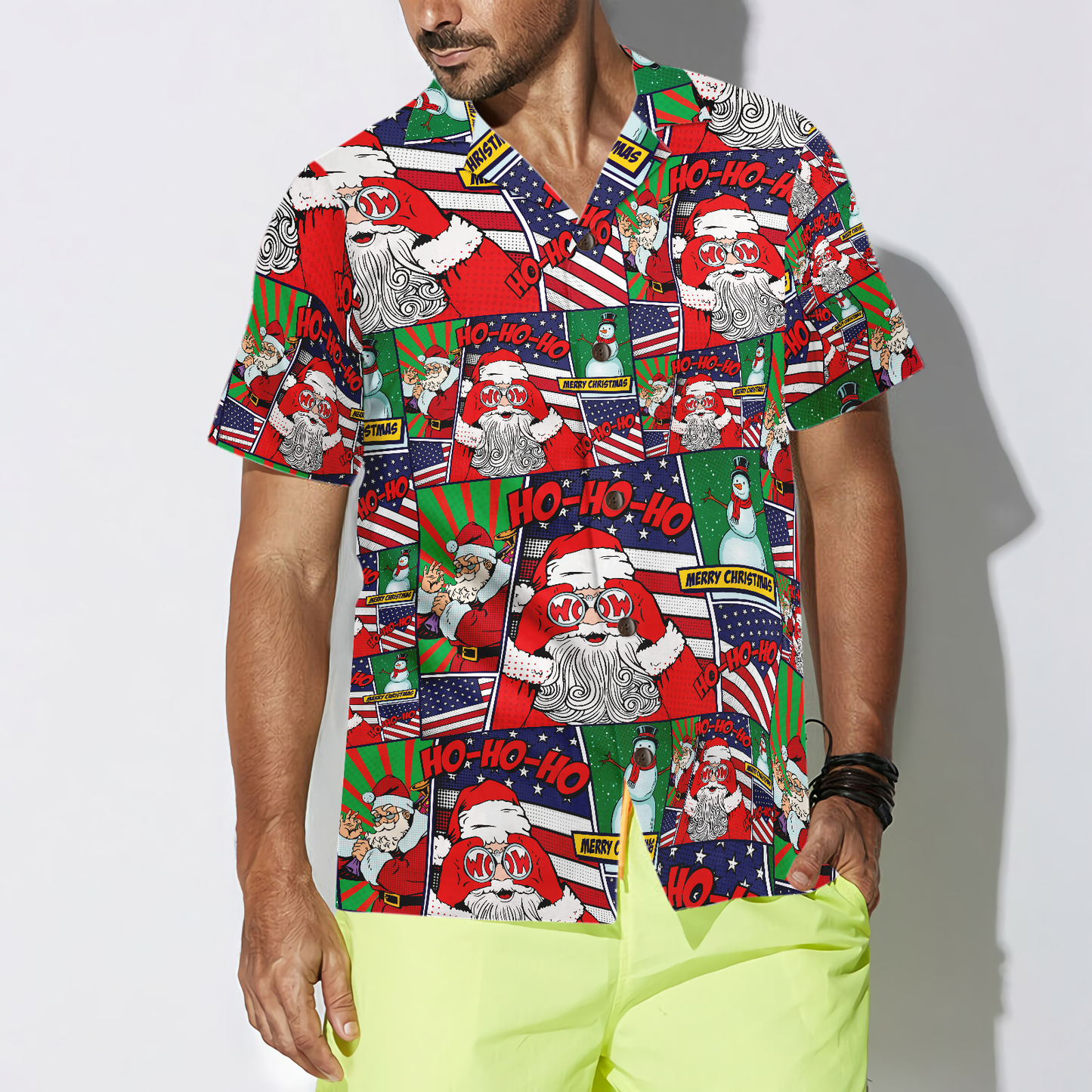 WW | Hawaiian Shirts, Santa with American Flag Comic Style Short Sleeve Shirt, Christmas Shirt Gift Idea for Men and Women