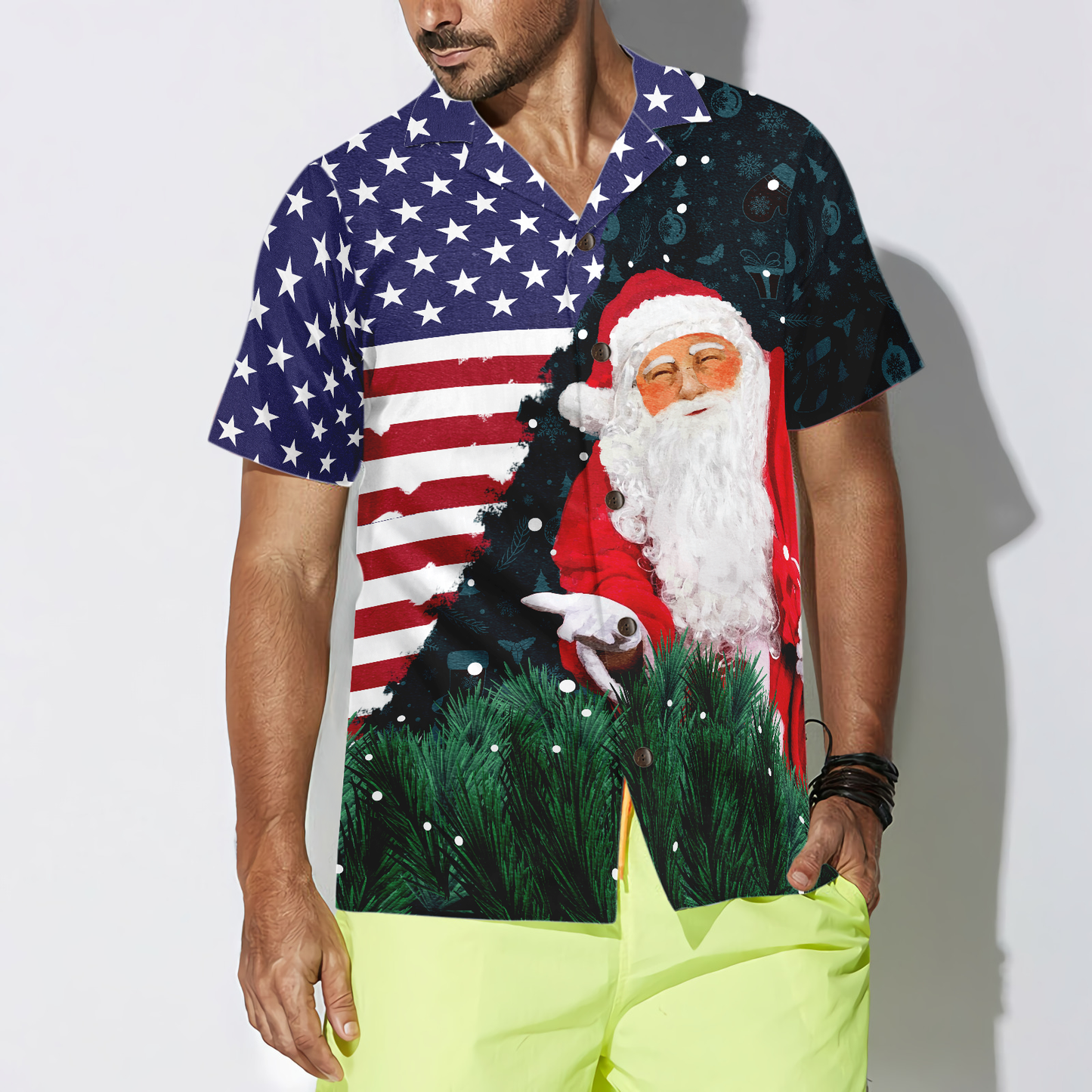 WW | Hyperfavor Weihnachten Hawaiian Shirts, Santa USA Flaggenmuster Hemd Kurzarm, Weihnachtshemd Geschenkidee Für Männer Und Frauen