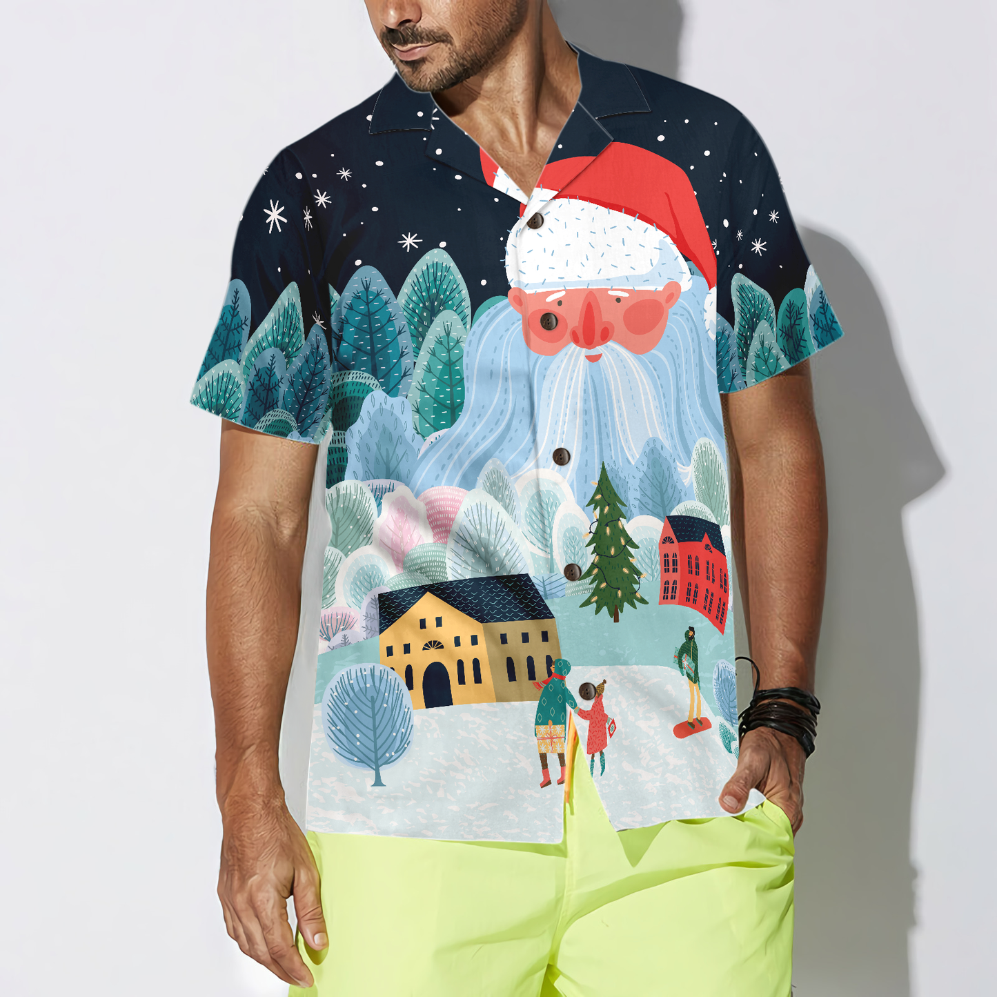 WW | Hyperfavor Weihnachten Hawaiian Shirts für Männer und Frauen, Xmas Santa Tower Hawaiian Shirt Button Down Shirt Kurzarm