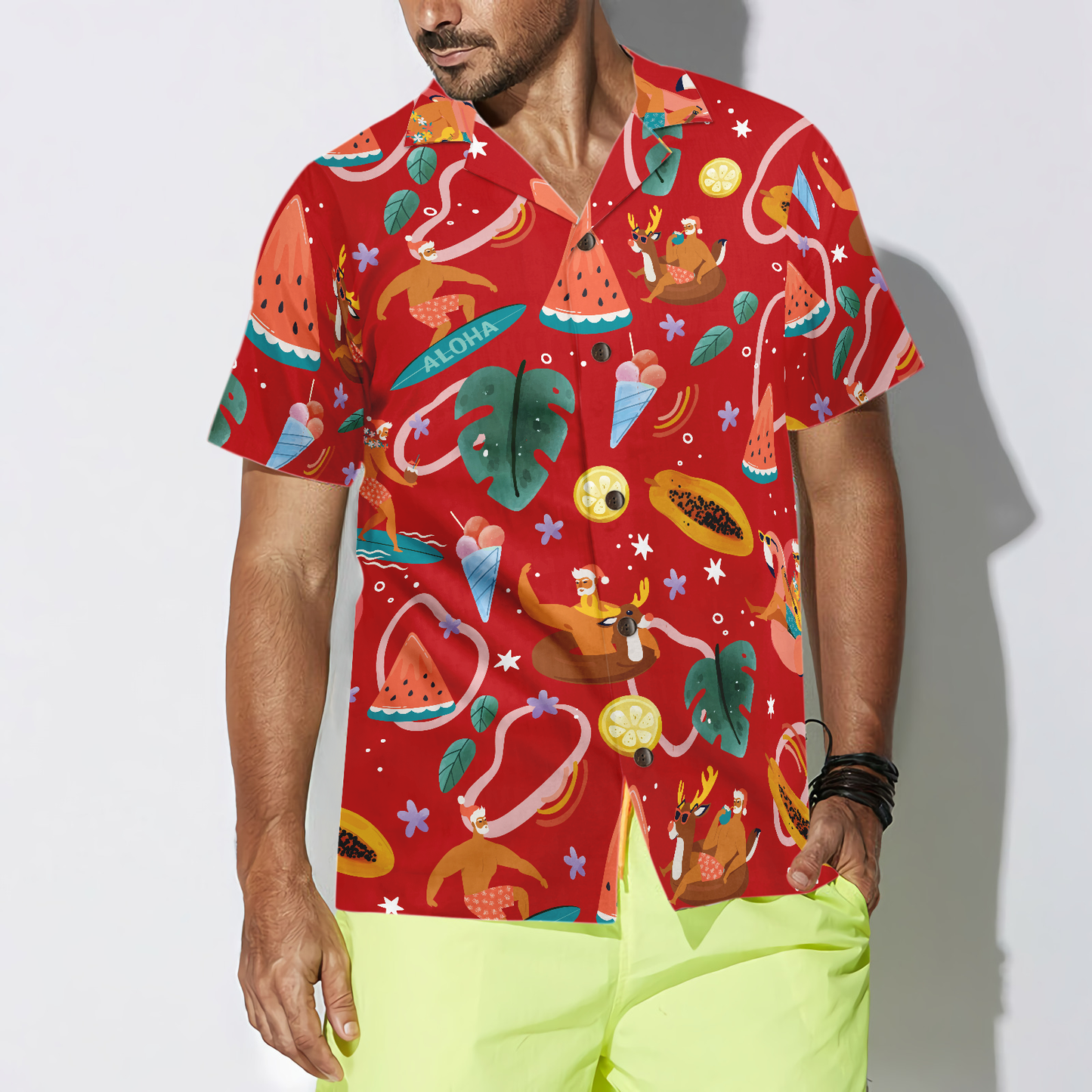 WW | Hyperfavor Santa Surfing 3 Muster Hawaiian Shirt, Weihnachtshemden Kurzarm Button Down Shirt für Männer und Frauen