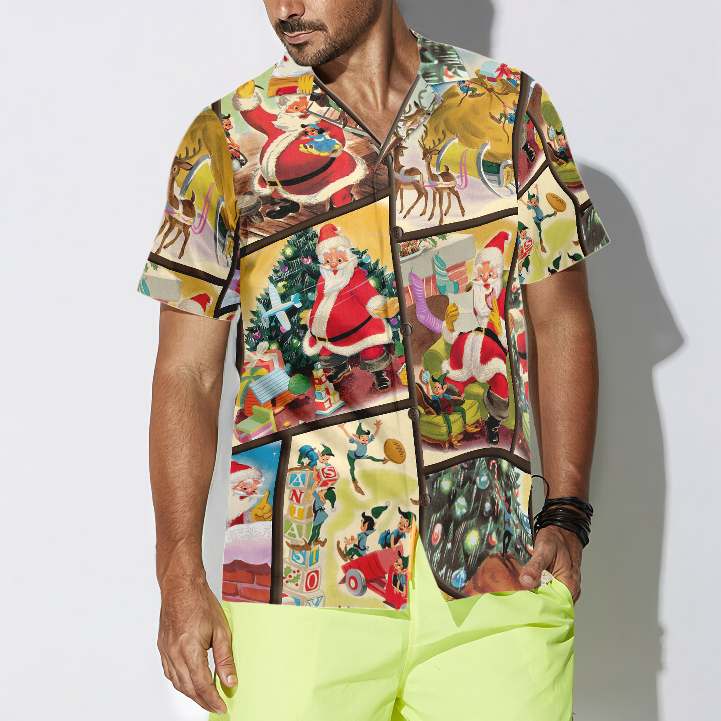 WW | Hyperfavor Weihnachten Hawaiian Shirts für Herren und Damen, Santa Elf Geschenk Hawaiian Shirt Knopfleiste Kurzarm