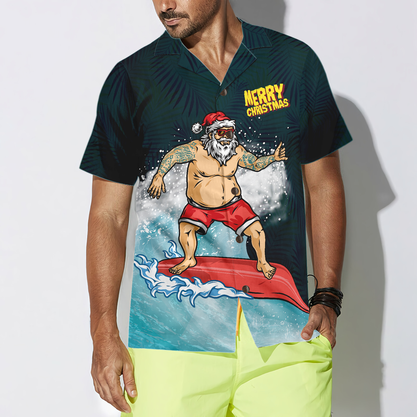 WW | Hyperfavor Weihnachts-Hawaiianhemden, Surfender Weihnachtsmann Fröhliche Weihnachten Shirt Kurzarm, Weihnachtshemden Geschenkidee für Männer und Frauen