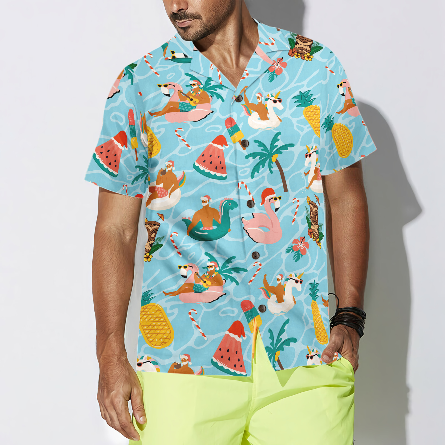 WW | Hyperfavor Christmas Hawaiian Shirts, Santa Beach Summer Shirt Short Sleeve, Christmas Shirt Idea Gift for Men and Women