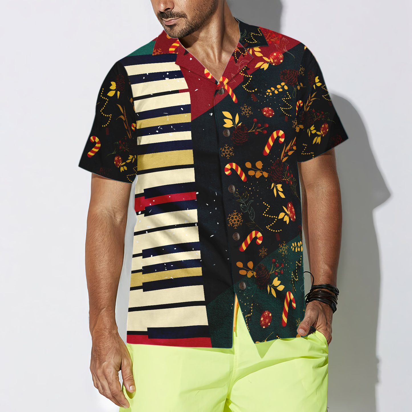 WW | Hyperfavor Weihnachtsmuster mit Klavier Hawaii-Hemd, Weihnachtshemden Kurzarm Button-Down-Hemd für Männer und Frauen