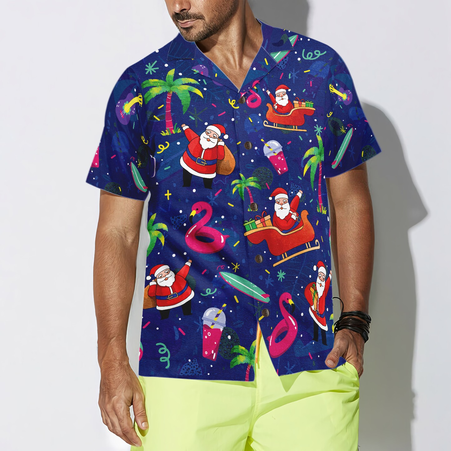 WW | Hyperfavor Weihnachts-Hawaiian-Shirts, Santa Flamingo tropisches Mustershirt Kurzarm, Weihnachtshemd Geschenkidee für Männer und Frauen