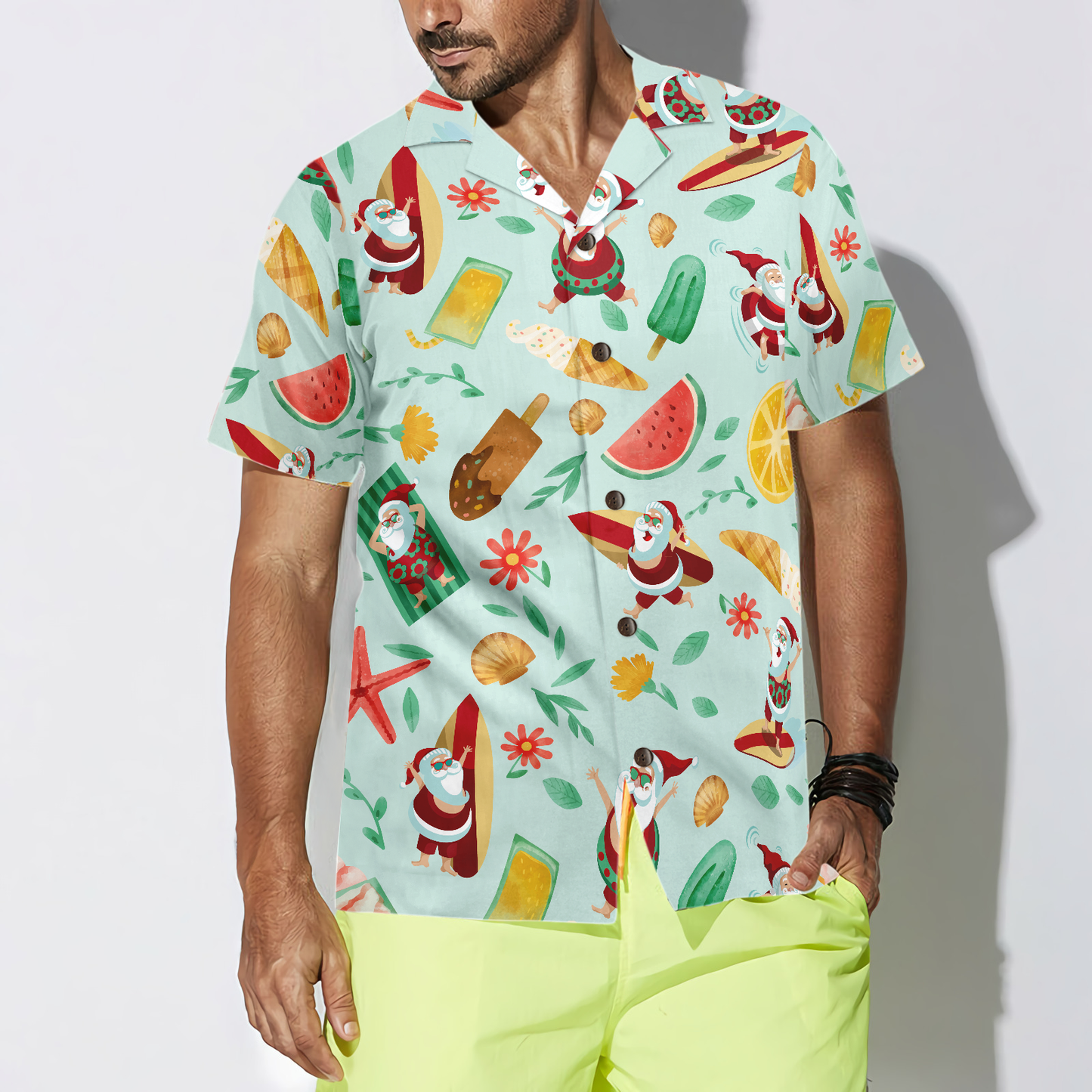 WW | Hyperfavor Santa Surfing 2 Muster Hawaiianhemd, Weihnachtshemden Kurzarm Knopf-down Hemd für Herren und Damen