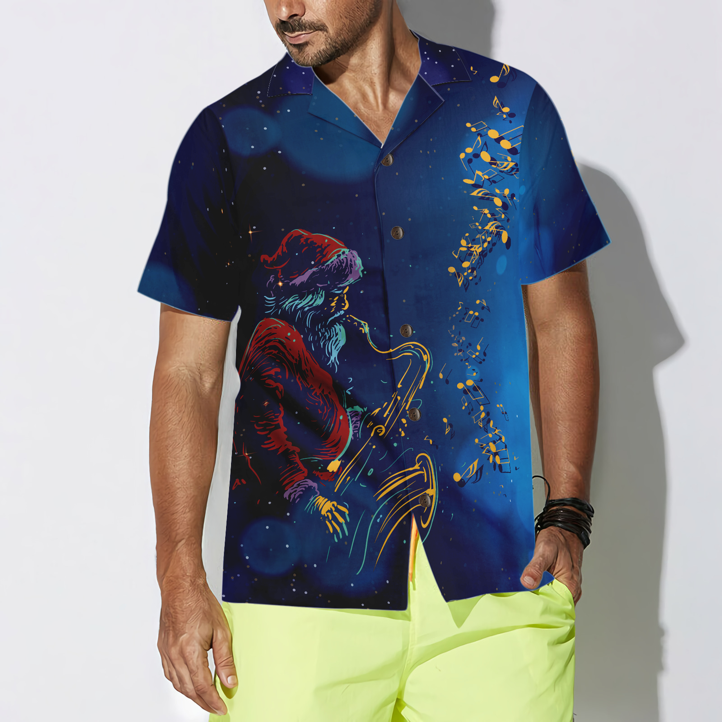 WW | Hyperfavor Weihnachts-Hawaiihhemden, Santa Claus spielt das Saxophon Shirt Kurzarm, Weihnachtshemd Geschenkidee für Männer und Frauen