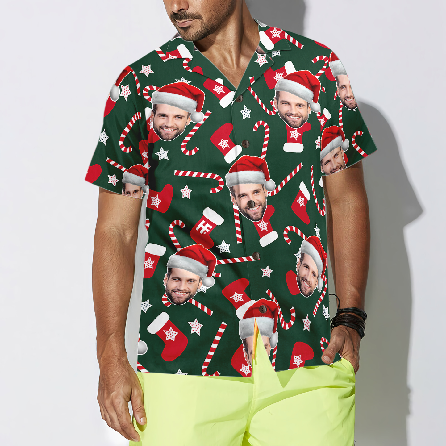 WW | Lustiges benutzerdefiniertes Gesicht Weihnachtsmuster nahtlos 02 benutzerdefiniertes Hawaiihemd