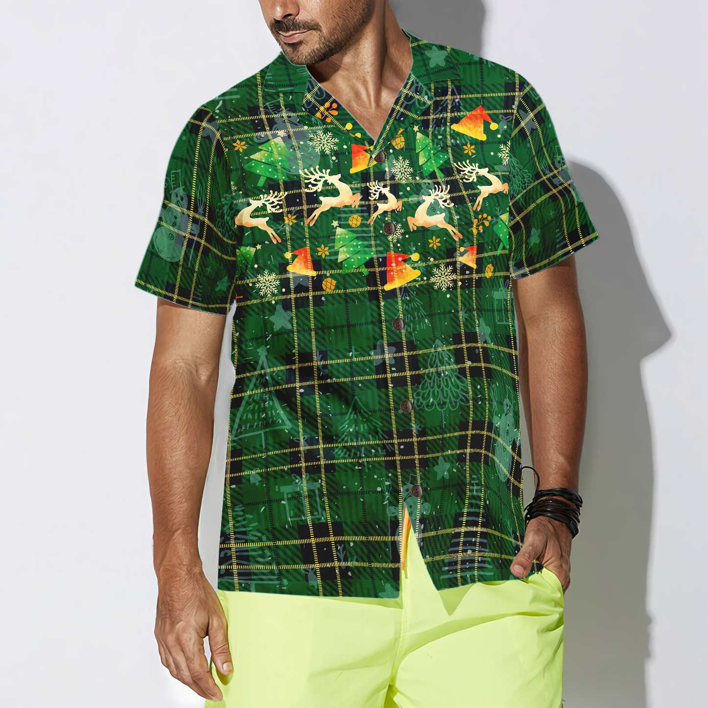 WW | Hyperfavor Weihnachts-Hawaiianhemden für Männer und Frauen, Weihnachts-Rentier grünes Plaid-Muster Hawaiianhemd mit Knopfleiste Kurzarm