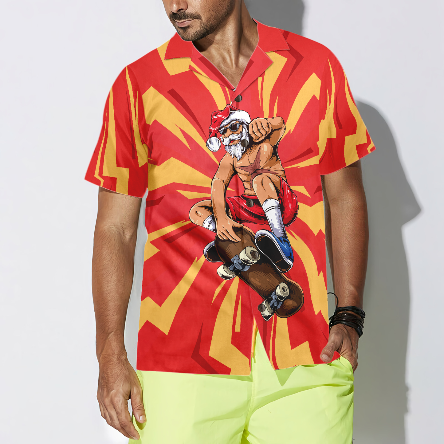 WW | Hyperfavor Weihnachten Hawaiian-Shirts für Männer und Frauen, Santa Skateboarder Hawaiian-Shirt Kurzarm Hemd