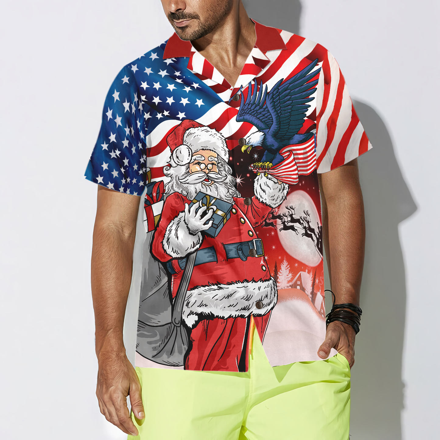 WW | Adler, der auf Santas Hand mit amerikanischer Flagge sitzt, Hawaiiansches Hemd, Weihnachtshemden-Idee Geschenk für Männer und Frauen