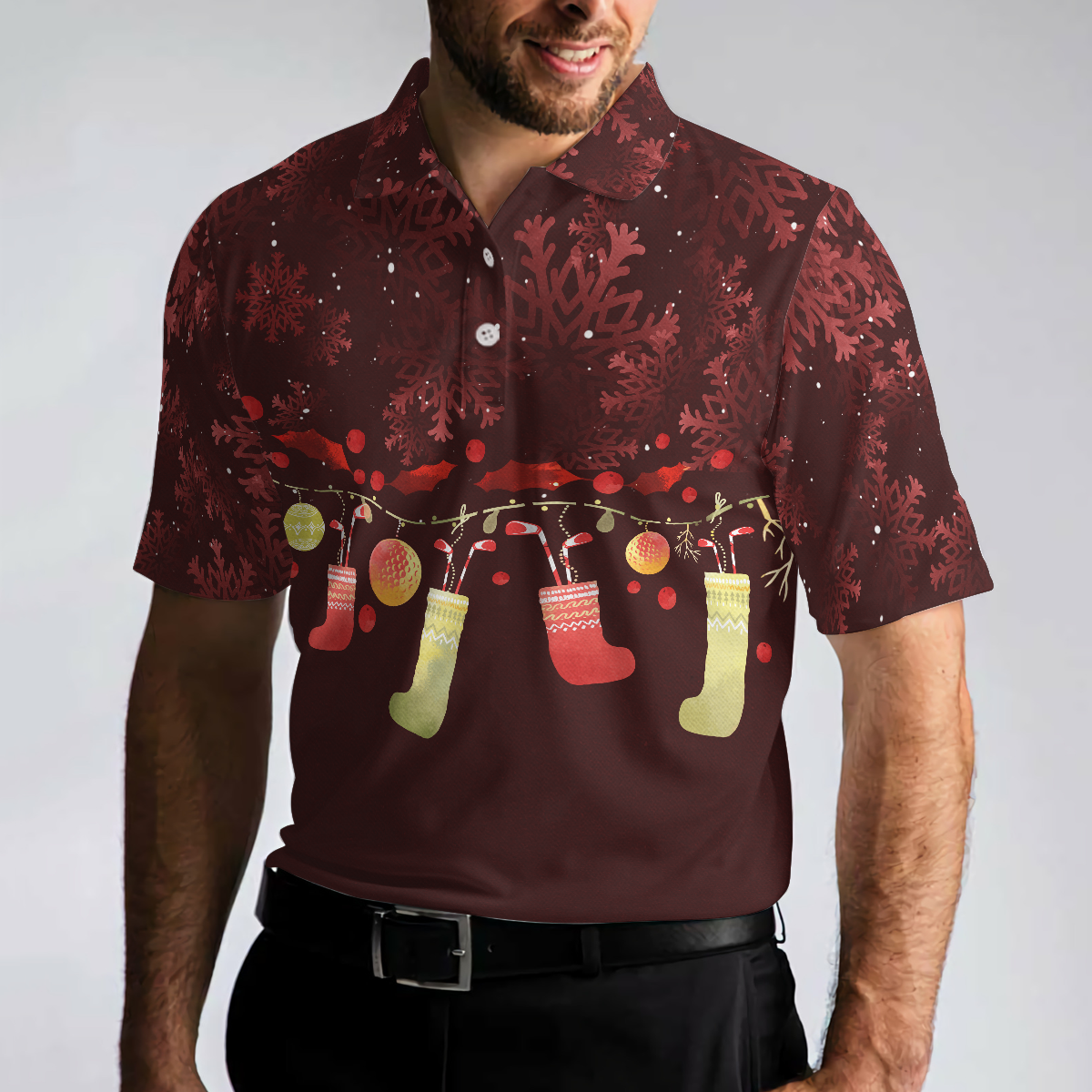 WW | Christmas Golf Polo Shirts - Men's Golf Polo Shirts Short Sleeve - Red Christmas Pattern Shirt Dry Fit - Christmas Shirt Gift Idea for Men