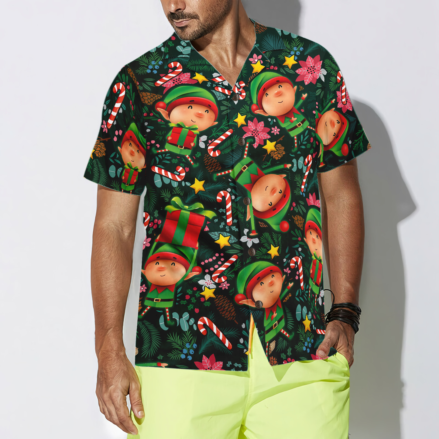WW | Hyperfavor Weihnachts-Hawaiianhemden, Das Weihnachts-Elf Mit Dunkelgrünem Muster Kurzarmhemd, Weihnachtshemd Geschenkidee Für Männer Und Frauen