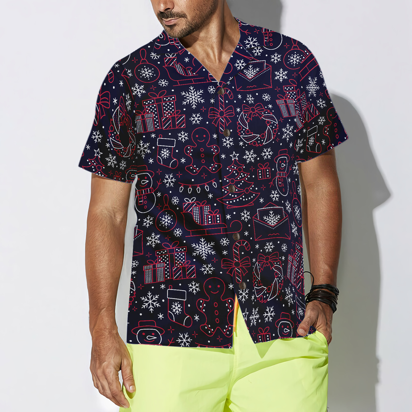 WW | Hawaiian Hemden, Weihnachtslinienmuster Shirt Kurzarm, Weihnachtshemd Geschenkidee für Männer und Frauen