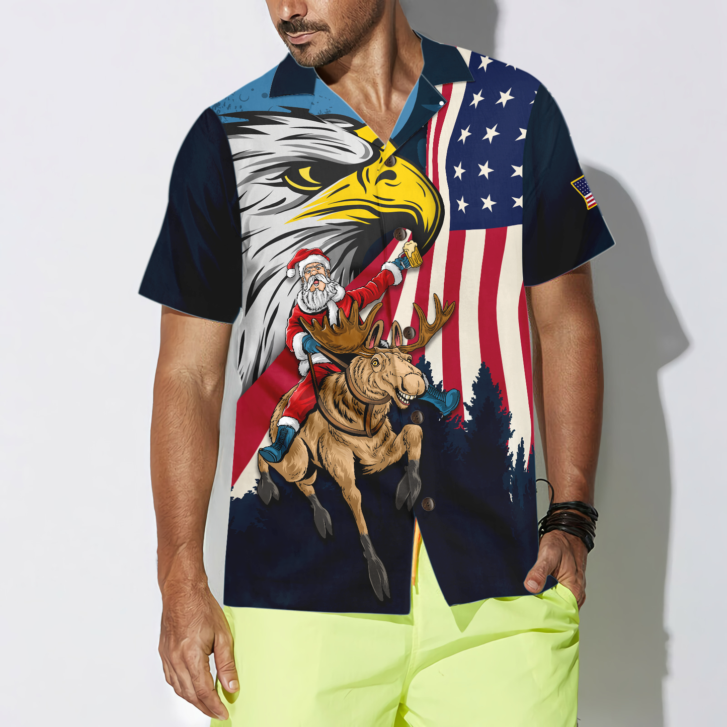 WW | Hyperfavor Weihnachts-Hawaiian-Shirts, Santa mit amerikanischer Flagge 2 Kurzarm-Shirt, Weihnachtshemd-Idee Geschenk für Männer und Frauen