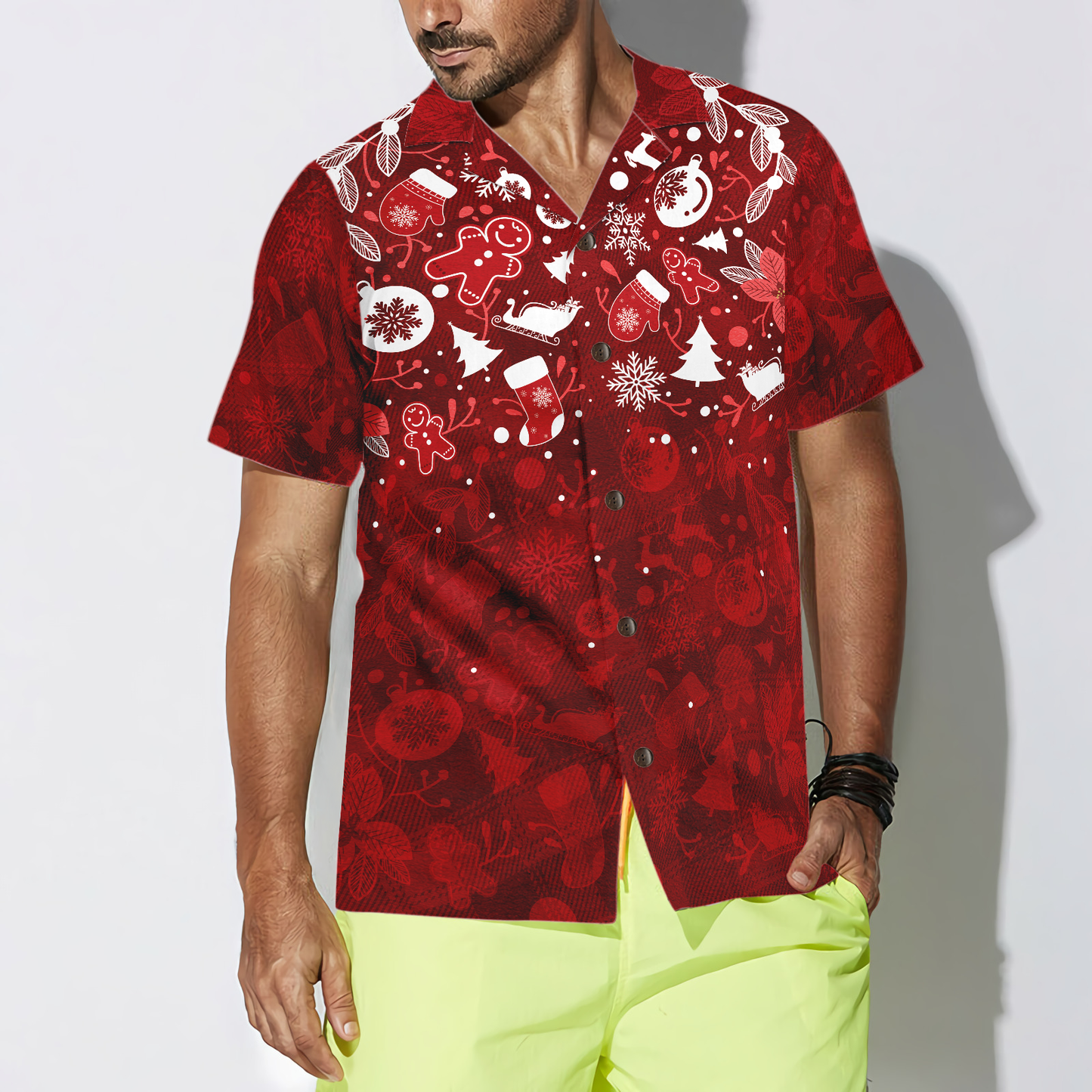WW | Hyperfavor Weihnachts-Hawaiian-Shirts für Männer und Frauen, Weihnachts-Lebkuchenmann-Hawaiian-Shirt mit Knopfleiste Kurzarm