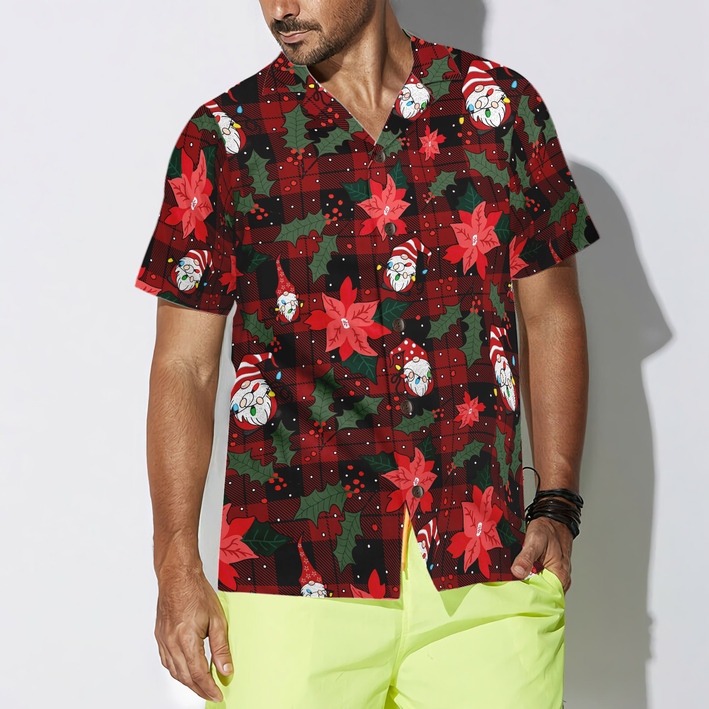 WW | Hyperfavor Christmas Hawaiian Shirts, Red Plaid Gnome Short Sleeve Shirt, Christmas Shirts Gift Idea for Men and Women