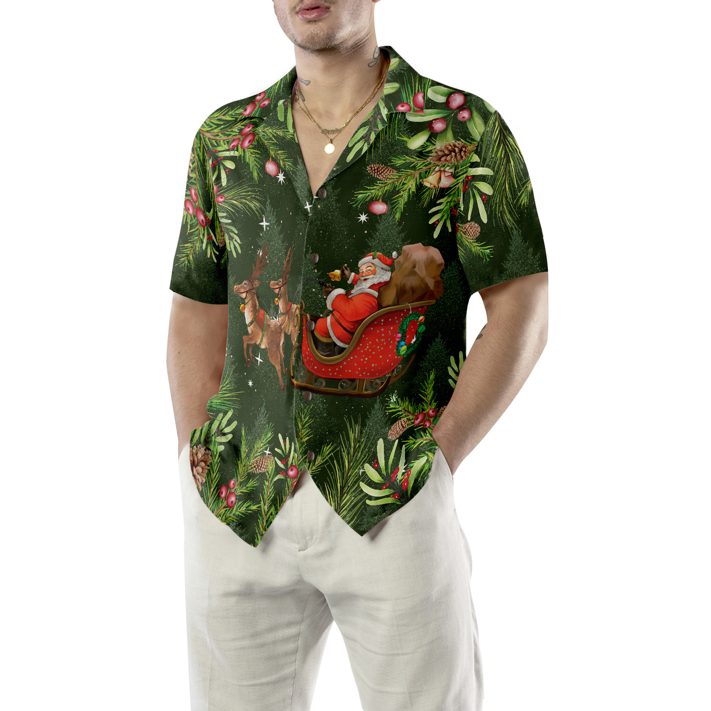 WW | Hyperfavor Santa Santa Reitender Schlitten 1 Muster Hawaiian-Shirt, Weihnachtshemden Kurzarm Button-Down-Shirt für Männer und Frauen