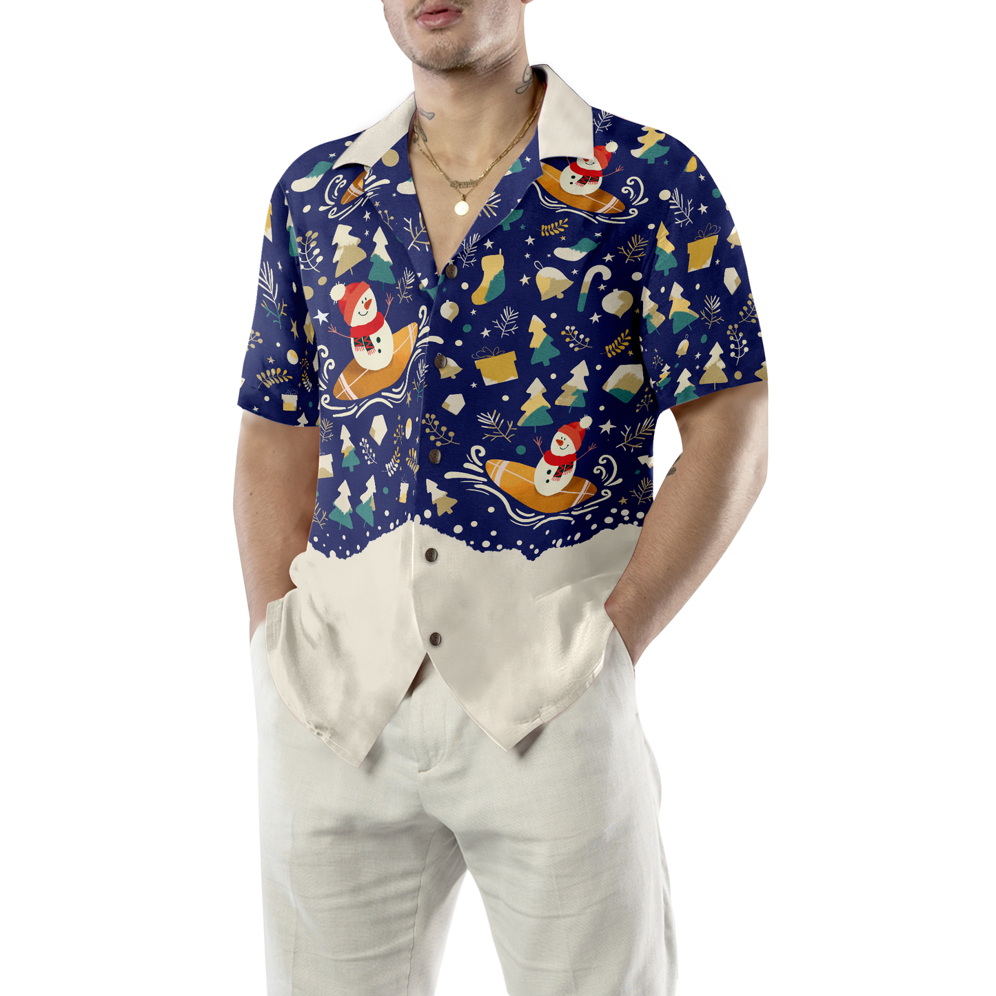 WW | Hyperfavor Weihnachten Schneemann Surfen Hawaiian Hemd, Weihnachtshemden Kurzarm Button-Down-Hemd für Männer und Frauen