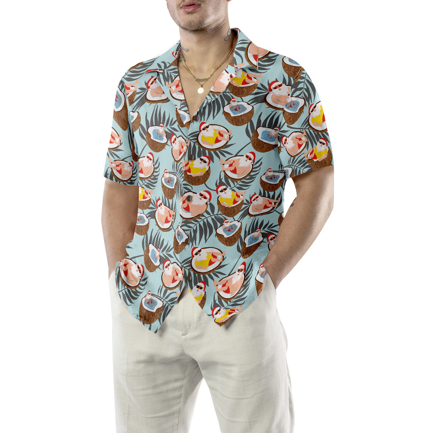 WW | Hyperfavor Weihnachts-Hawaiian-Shirts, Weihnachtsmann mit Kokosnuss-Shirt Kurzarm, Weihnachts-Shirt-Idee Geschenk für Männer und Frauen