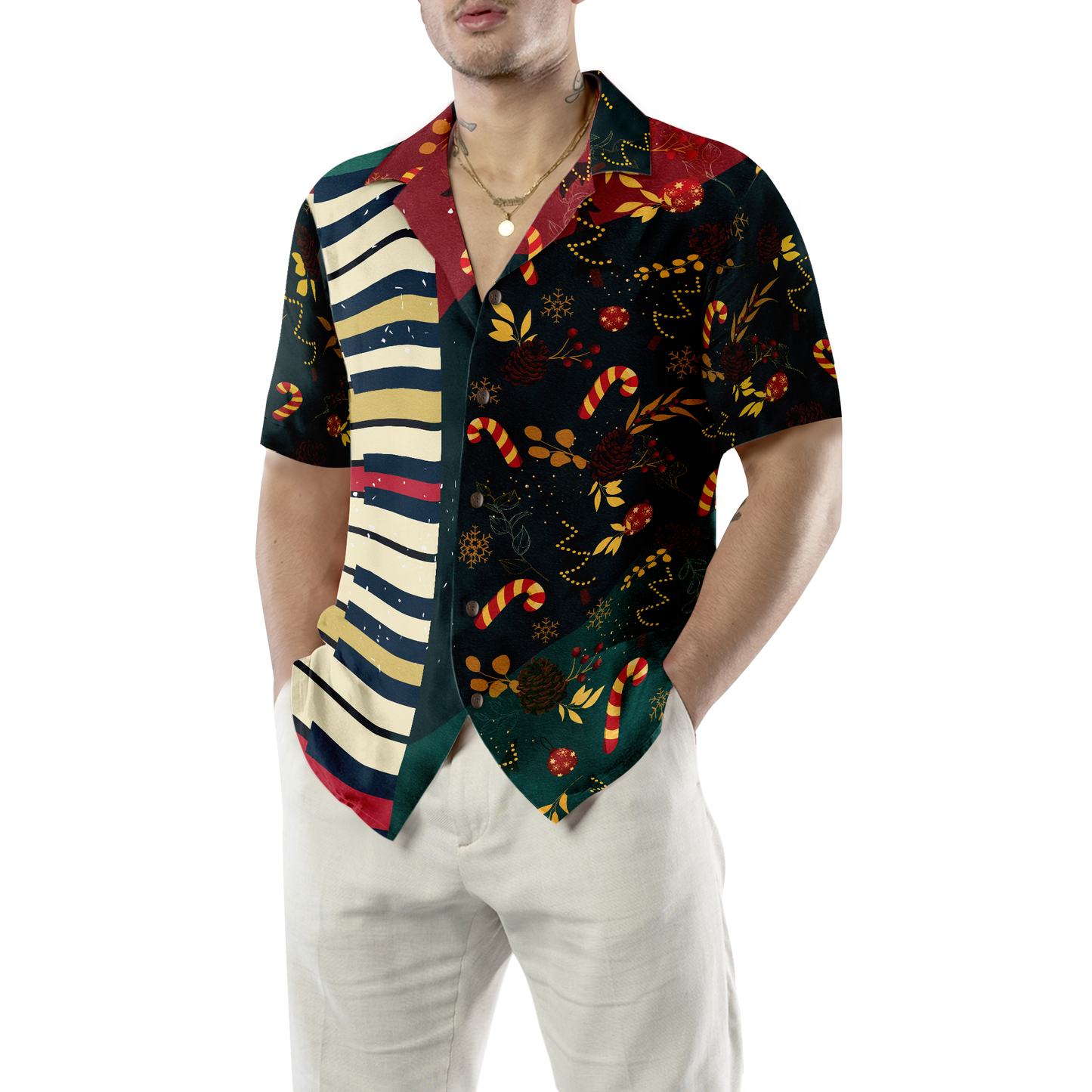 WW | Hyperfavor Weihnachtsmuster mit Klavier Hawaii-Hemd, Weihnachtshemden Kurzarm Button-Down-Hemd für Männer und Frauen