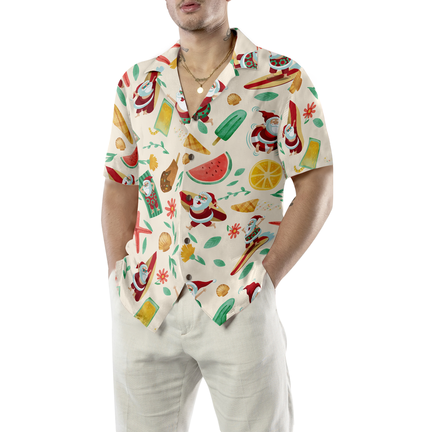 WW | Hyperfavor Santa Surfing 1 Pattern Hawaiian Shirt, Christmas Short Sleeve Button-Down Shirt For Men And Women