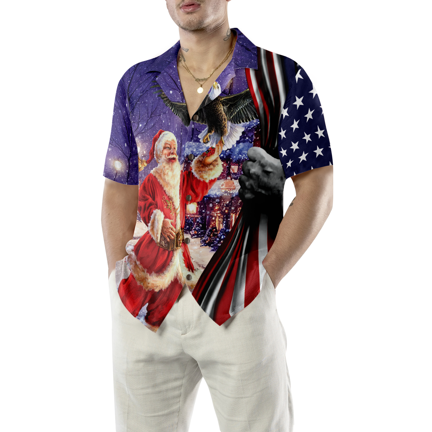 WW | Hyperfavor Weihnachts-Hawaiian-Shirts, Santa mit Adler Shirt Kurzarm, Weihnachts-Shirt-Idee Geschenk für Männer und Frauen