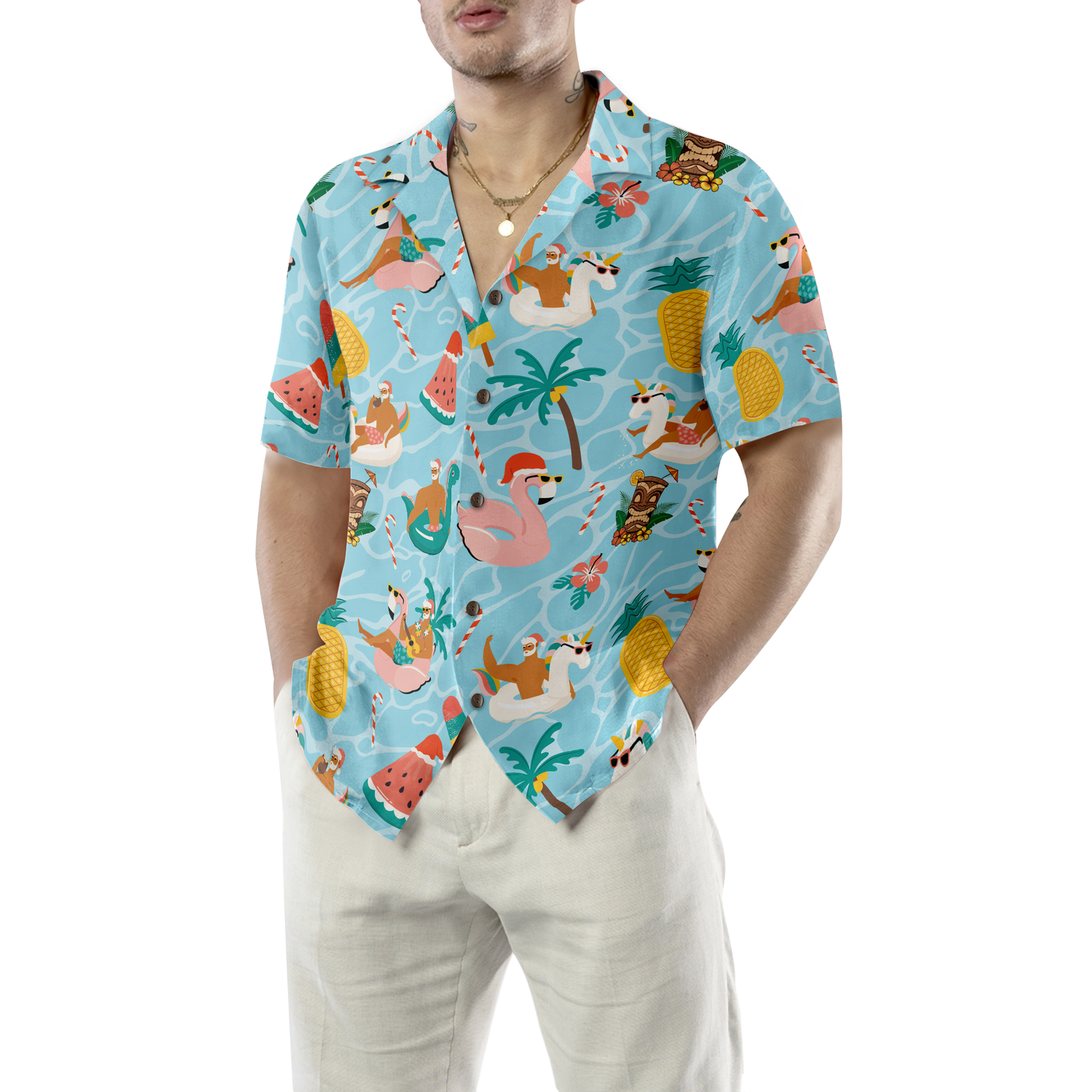 WW | Hyperfavor Christmas Hawaiian Shirts, Santa Beach Summer Shirt Short Sleeve, Christmas Shirt Idea Gift for Men and Women