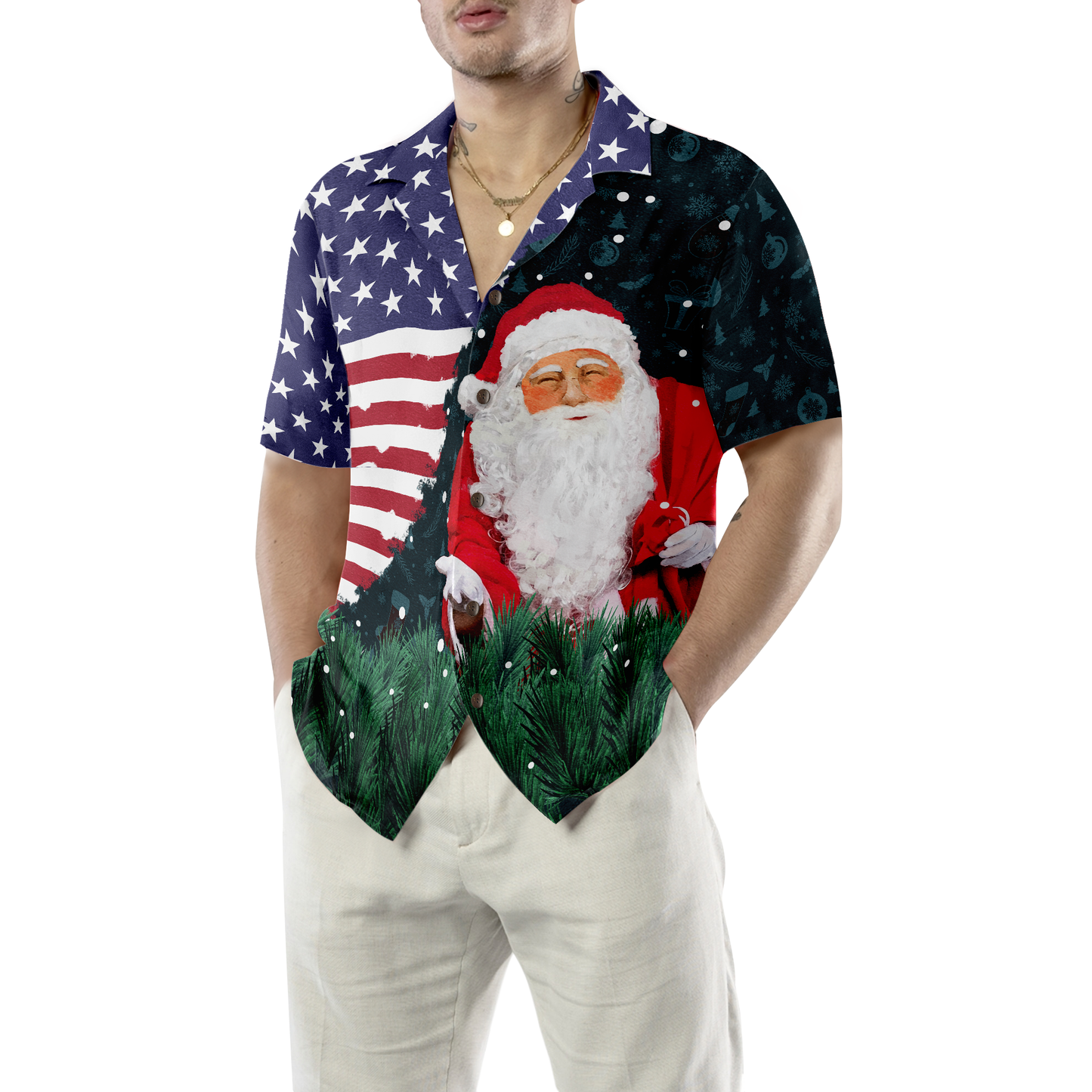 WW | Hyperfavor Weihnachten Hawaiian Shirts, Santa USA Flaggenmuster Hemd Kurzarm, Weihnachtshemd Geschenkidee Für Männer Und Frauen