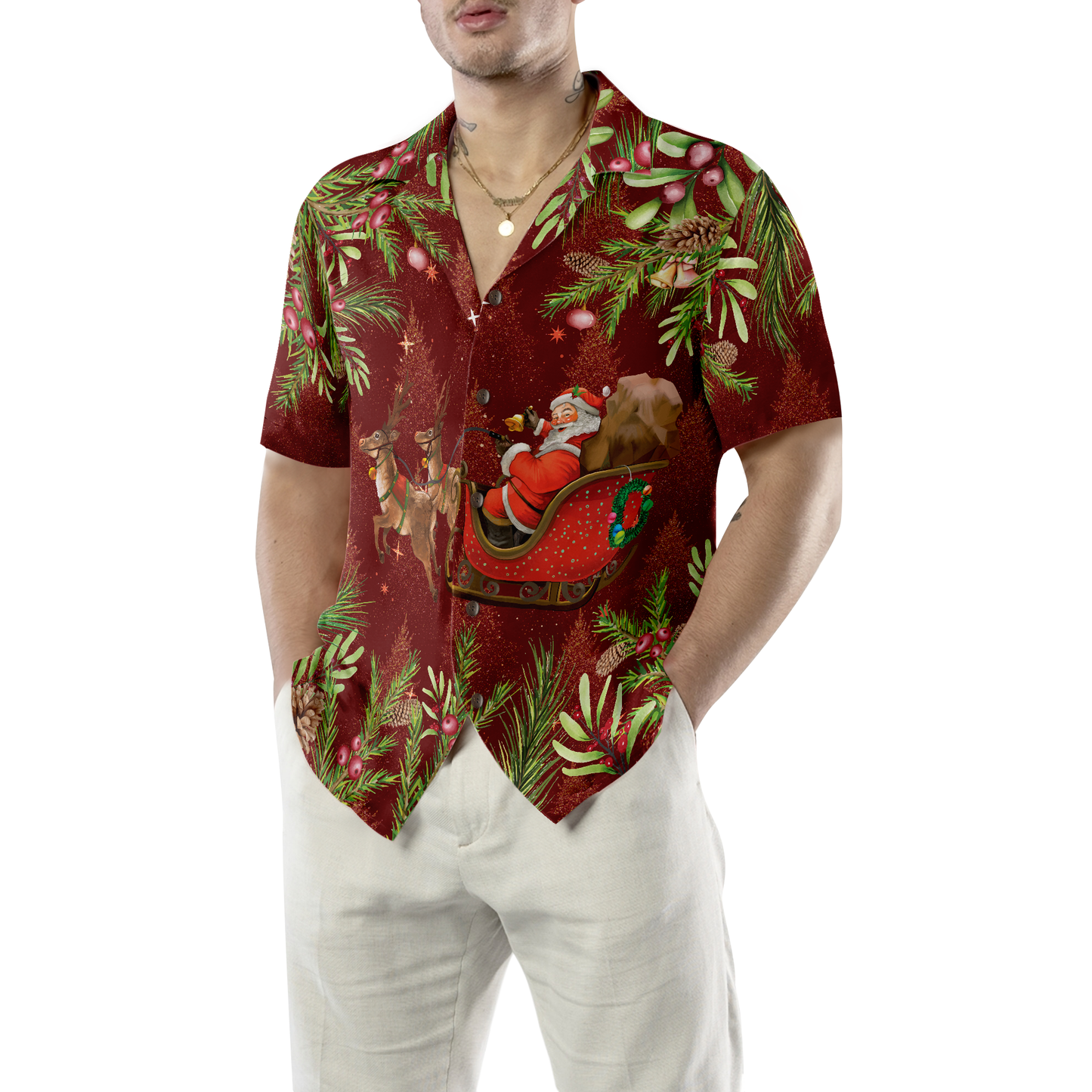 WW | Hyperfavor Santa Santa Schlittenfahren 2 Muster Hawaiian Shirt, Weihnachtshemden Kurzarm Knopfdown Hemd Für Männer Und Frauen