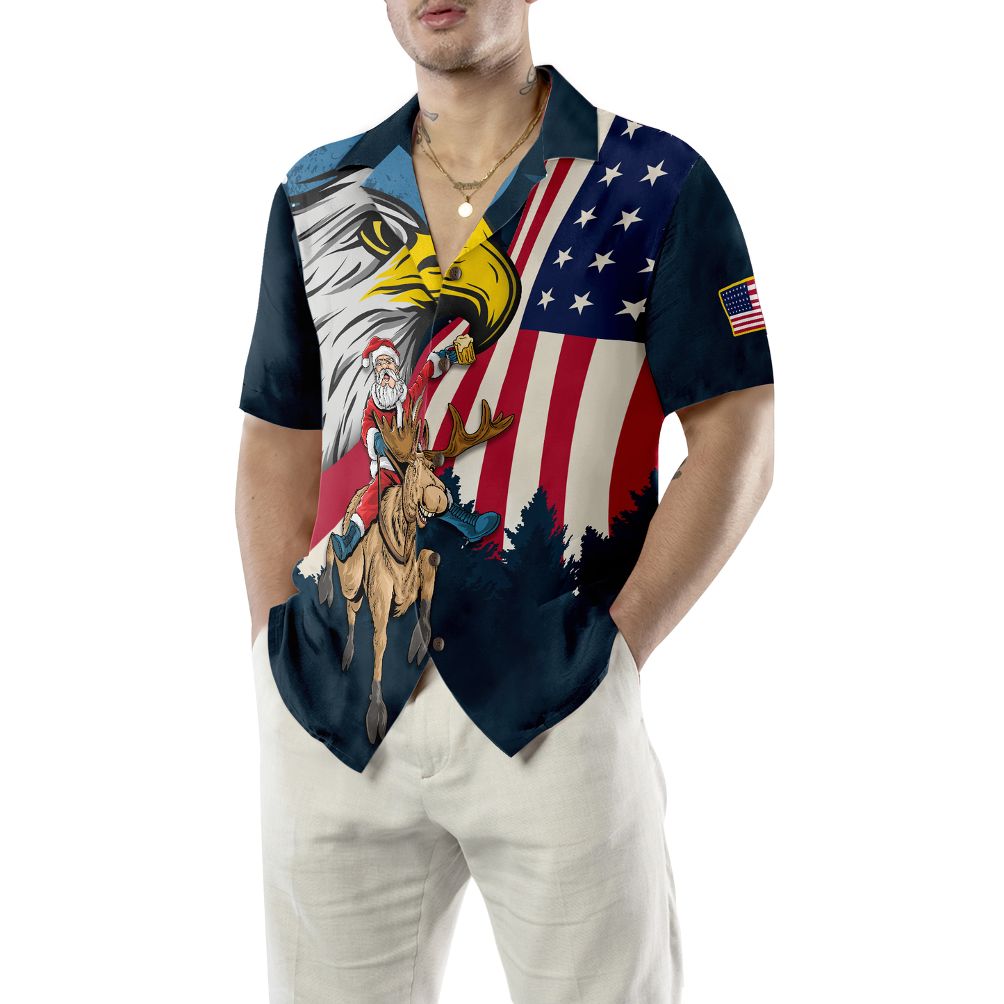 WW | Hyperfavor Weihnachts-Hawaiian-Shirts, Santa mit amerikanischer Flagge 2 Kurzarm-Shirt, Weihnachtshemd-Idee Geschenk für Männer und Frauen