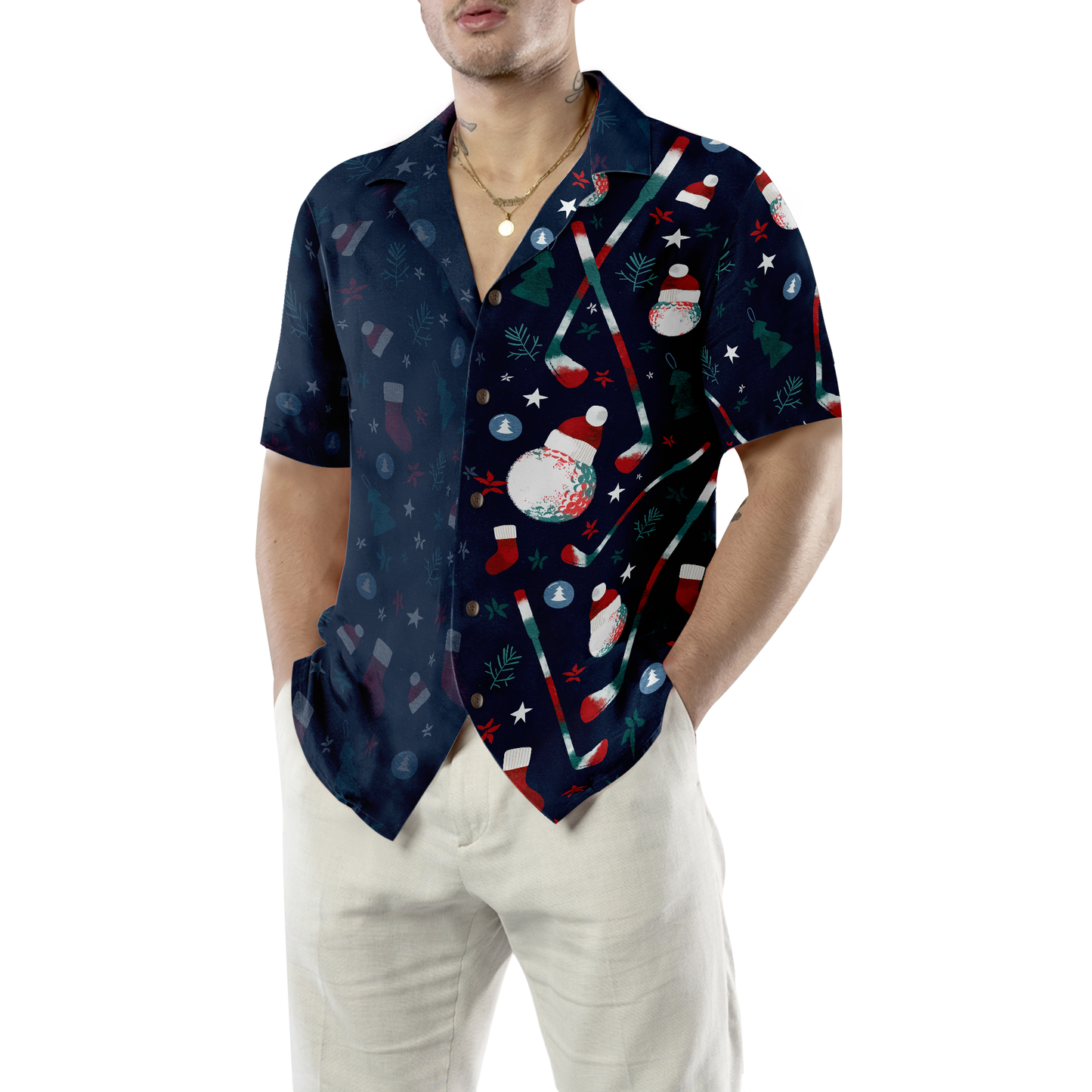 WW | Hyperfavor Weihnachts-Golfmuster Hawaiian Shirt, Weihnachtshemden Kurzarm Button-Down Hemd für Männer und Frauen