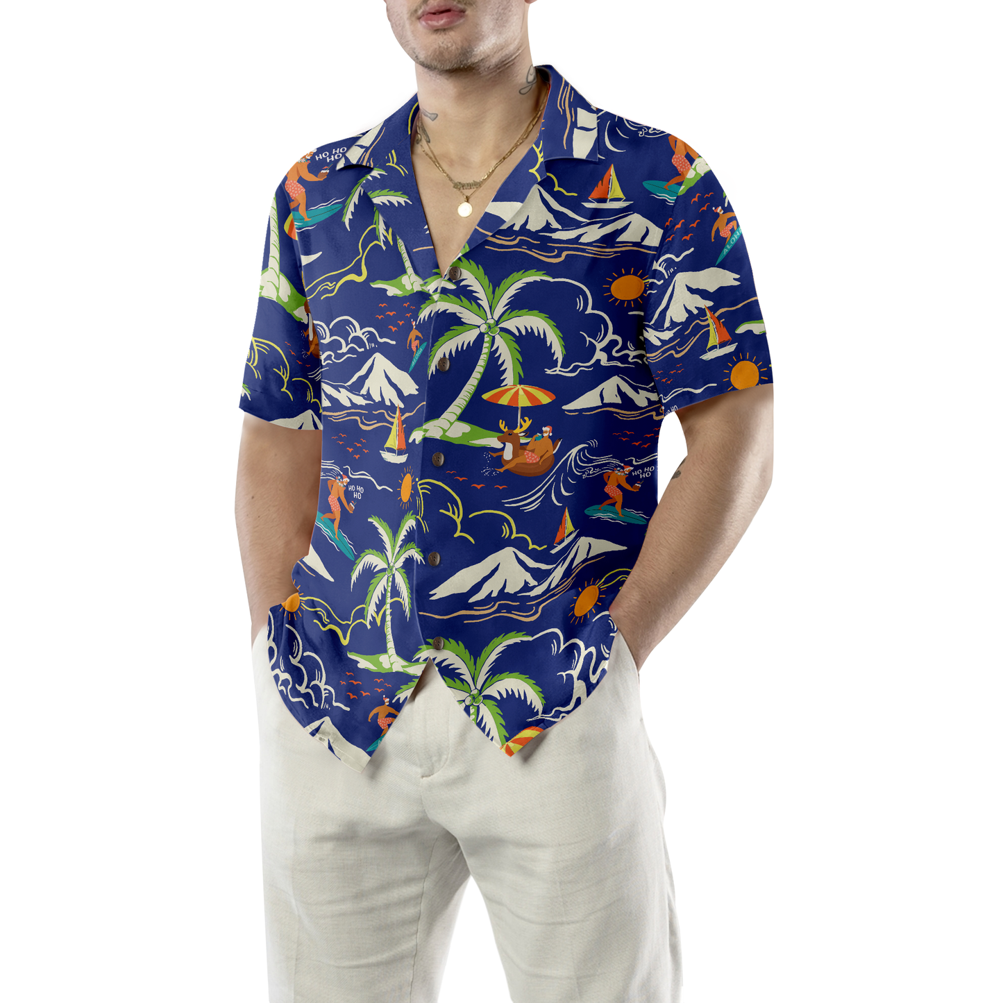 WW | Hyperfavor Weihnachts-Hawaiian-Shirts, Santa Strand Sommer Muster 3 Kurzarmhemd, Weihnachtshemd Geschenkidee für Männer und Frauen