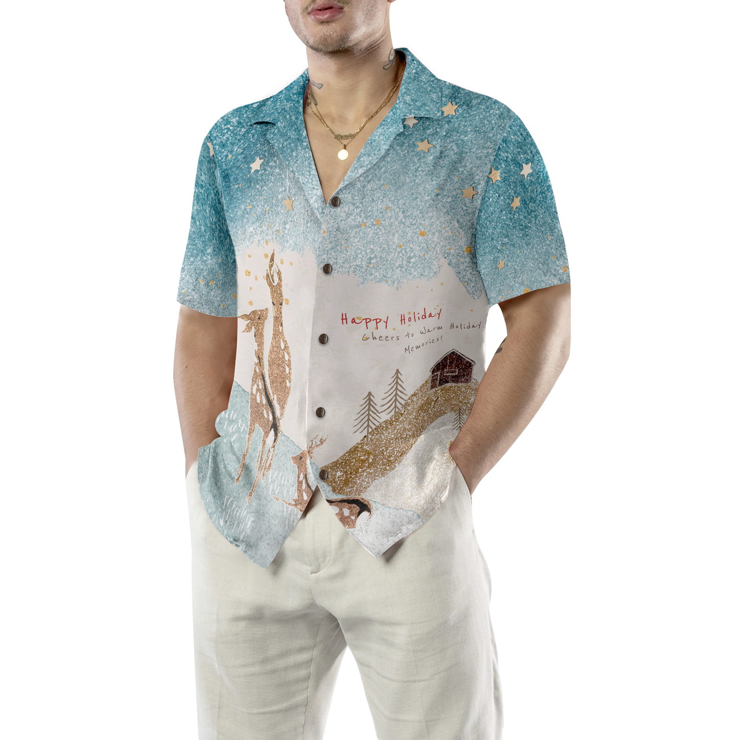 WW | Hyperfavor Rentier Schnee Licht Hawaiian-Shirt, Weihnachtshemden Kurzarm Button-Down-Hemd für Männer und Frauen