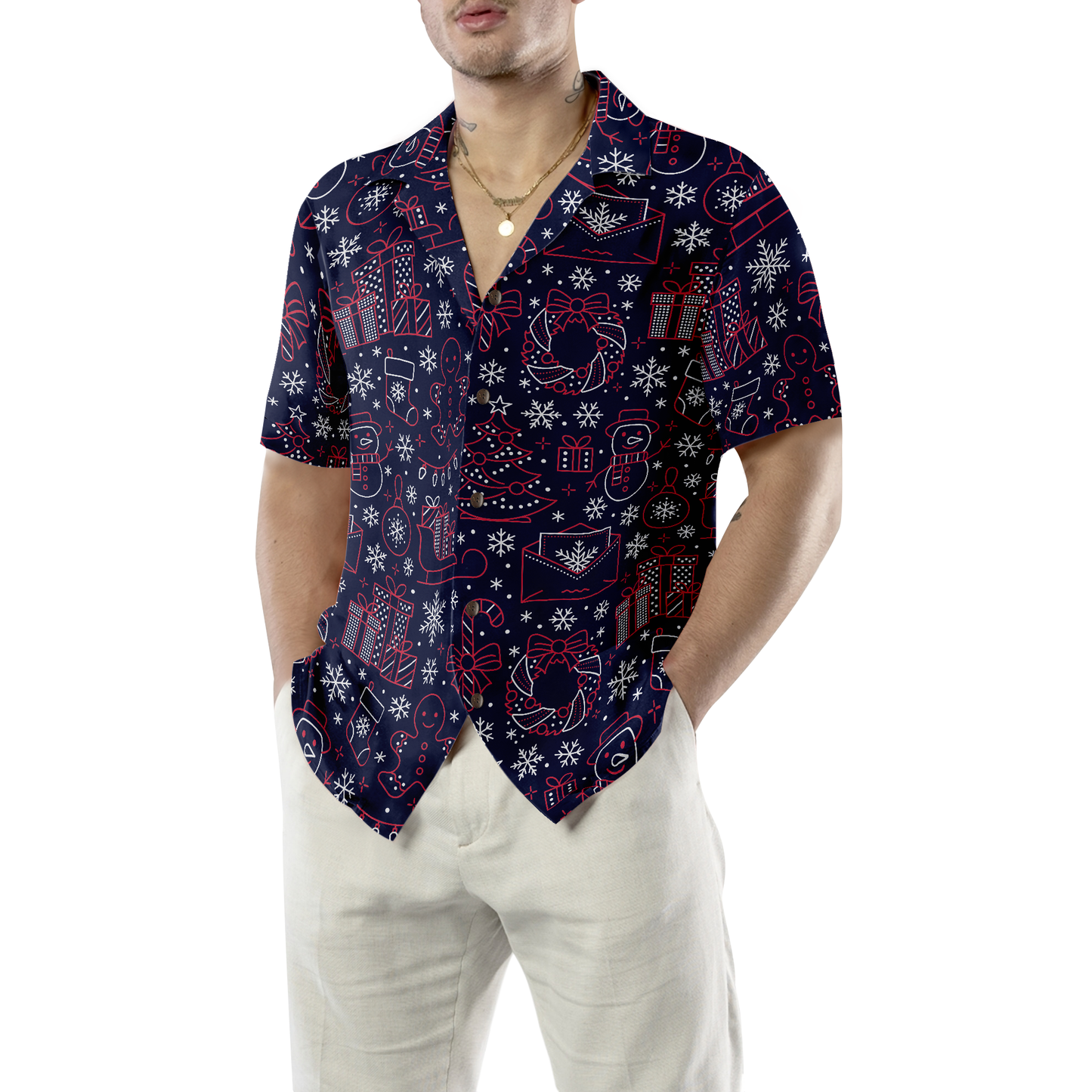 WW | Hawaiian Hemden, Weihnachtslinienmuster Shirt Kurzarm, Weihnachtshemd Geschenkidee für Männer und Frauen