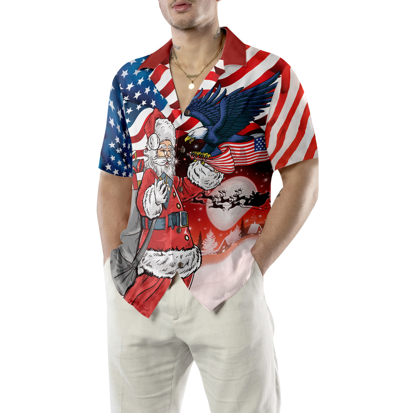 WW | Adler, der auf Santas Hand mit amerikanischer Flagge sitzt, Hawaiiansches Hemd, Weihnachtshemden-Idee Geschenk für Männer und Frauen