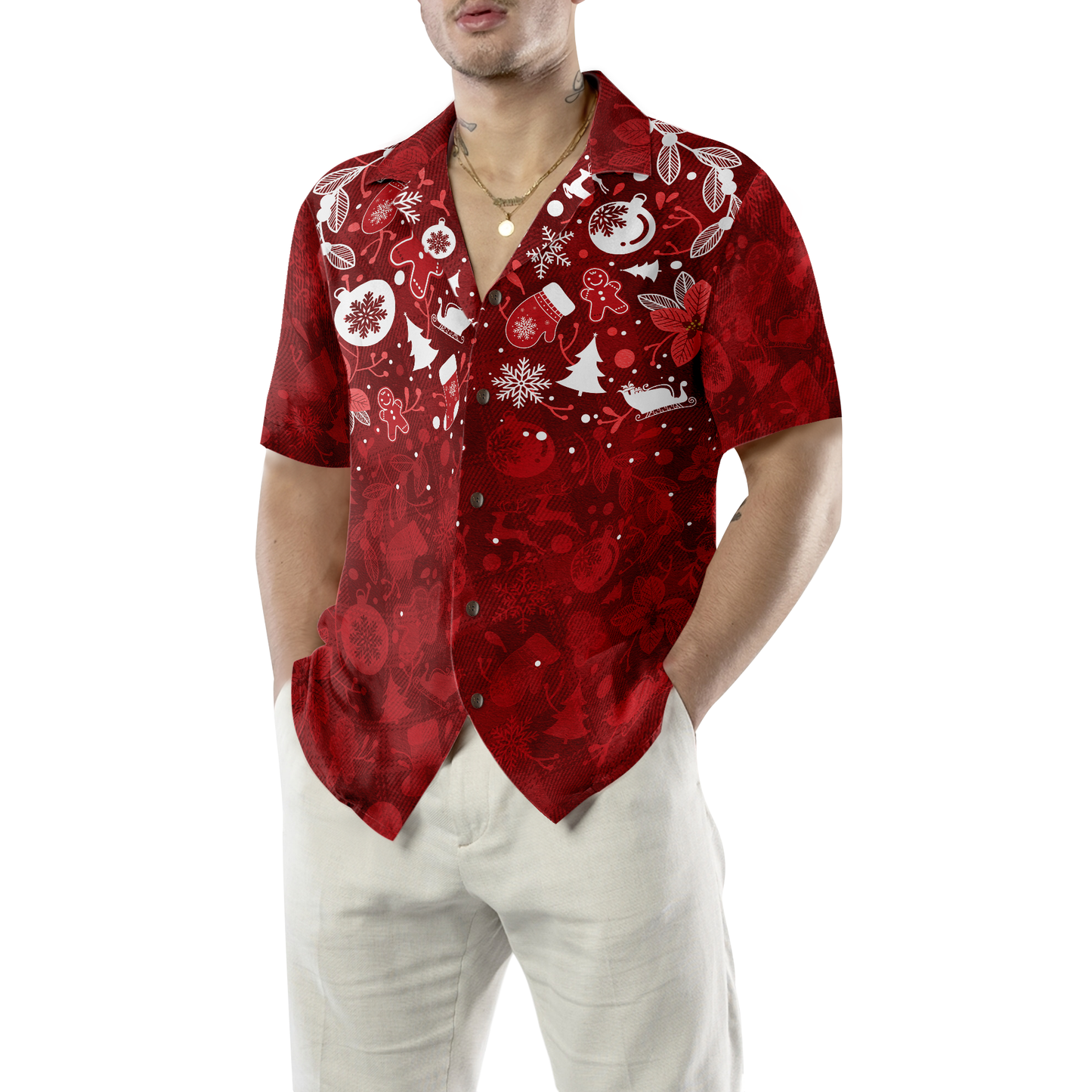 WW | Hyperfavor Weihnachts-Hawaiian-Shirts für Männer und Frauen, Weihnachts-Lebkuchenmann-Hawaiian-Shirt mit Knopfleiste Kurzarm