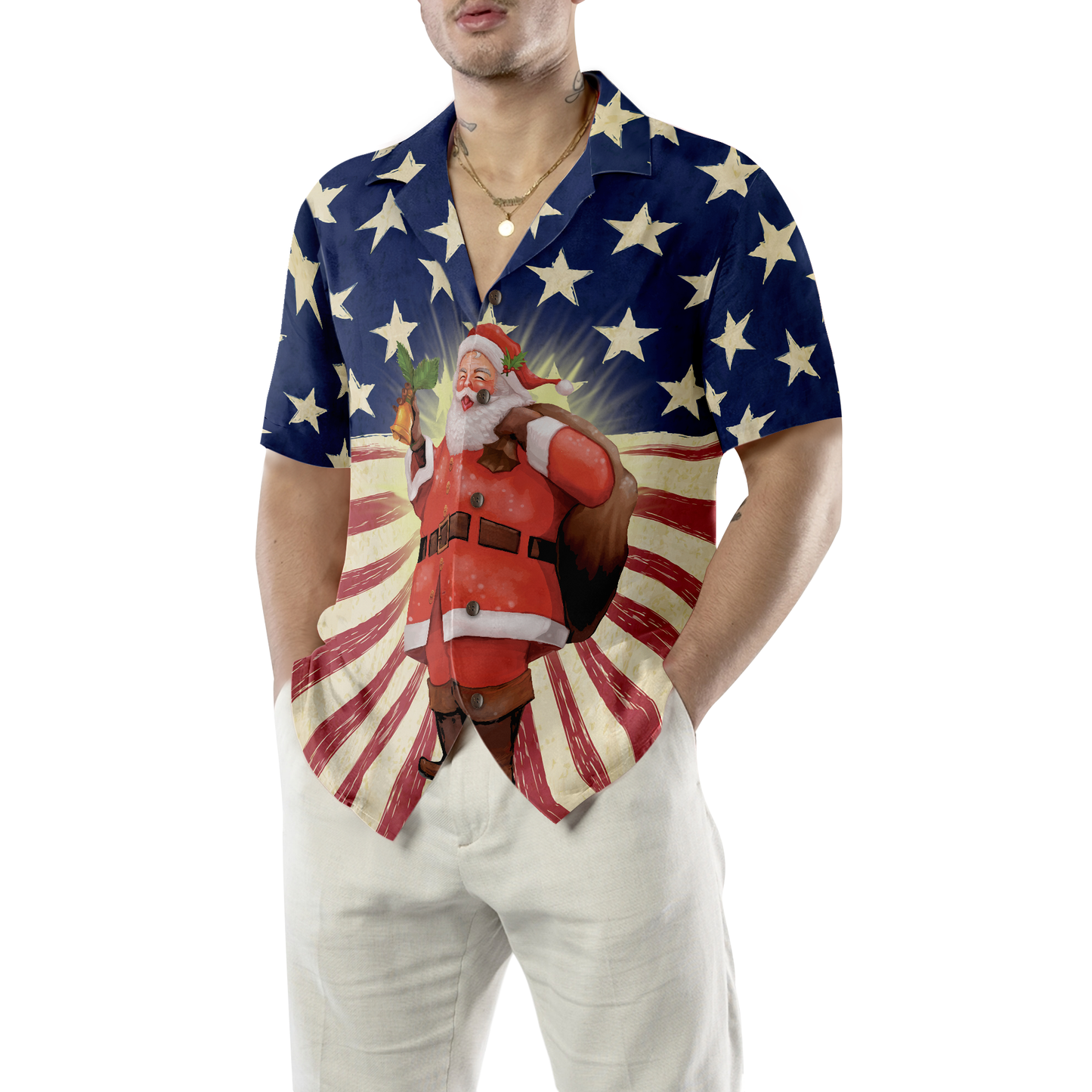 WW | Hyperfavor Santa Weihnachten Santa Amerika Hawaiian-Shirt, Weihnachtshemden Kurzarm Knopf-down-Hemd für Männer und Frauen