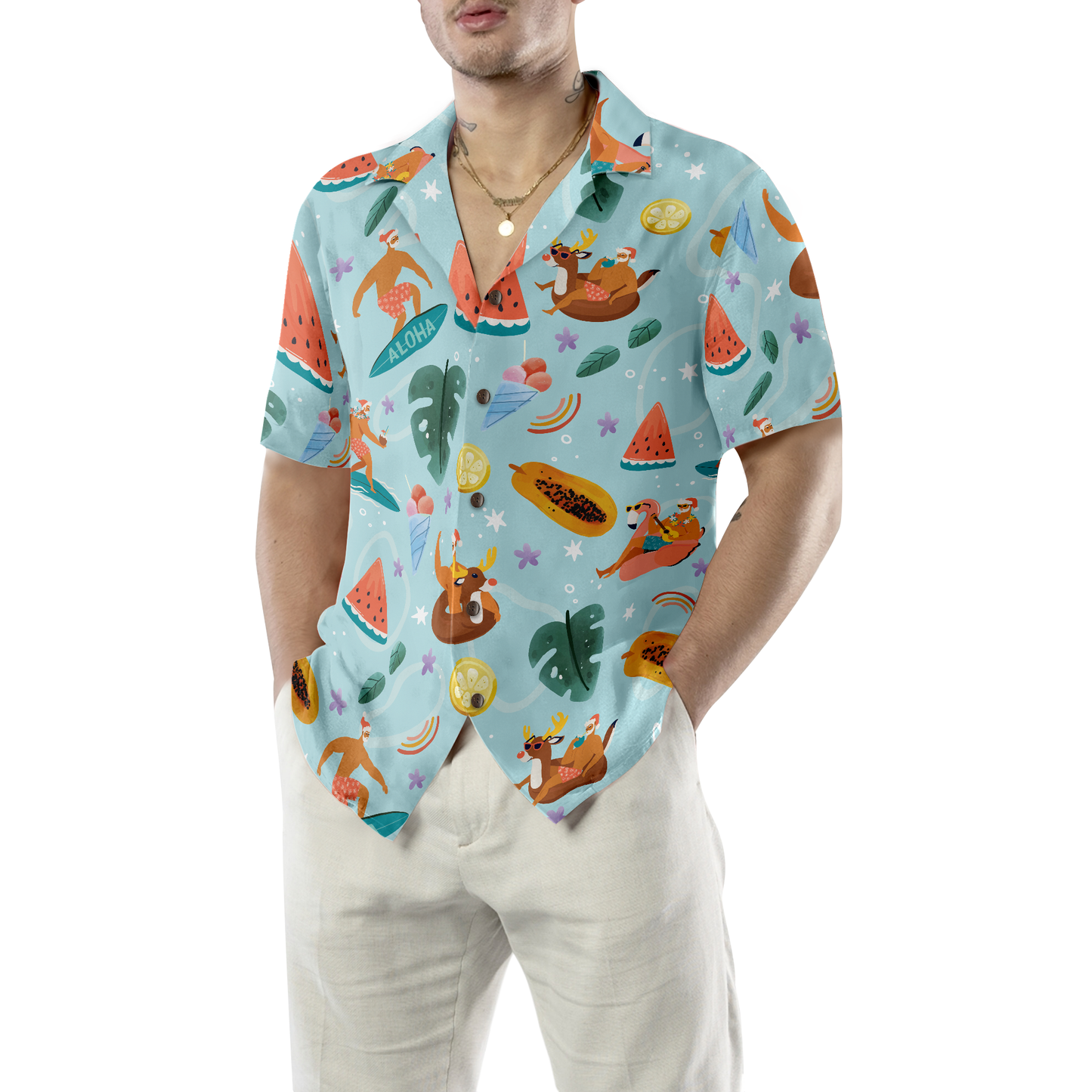 WW | Hyperfavor Santa Beach 2 Muster Hawaiihemd, Weihnachtshemden Kurzarm Button-Down-Hemd für Männer und Frauen