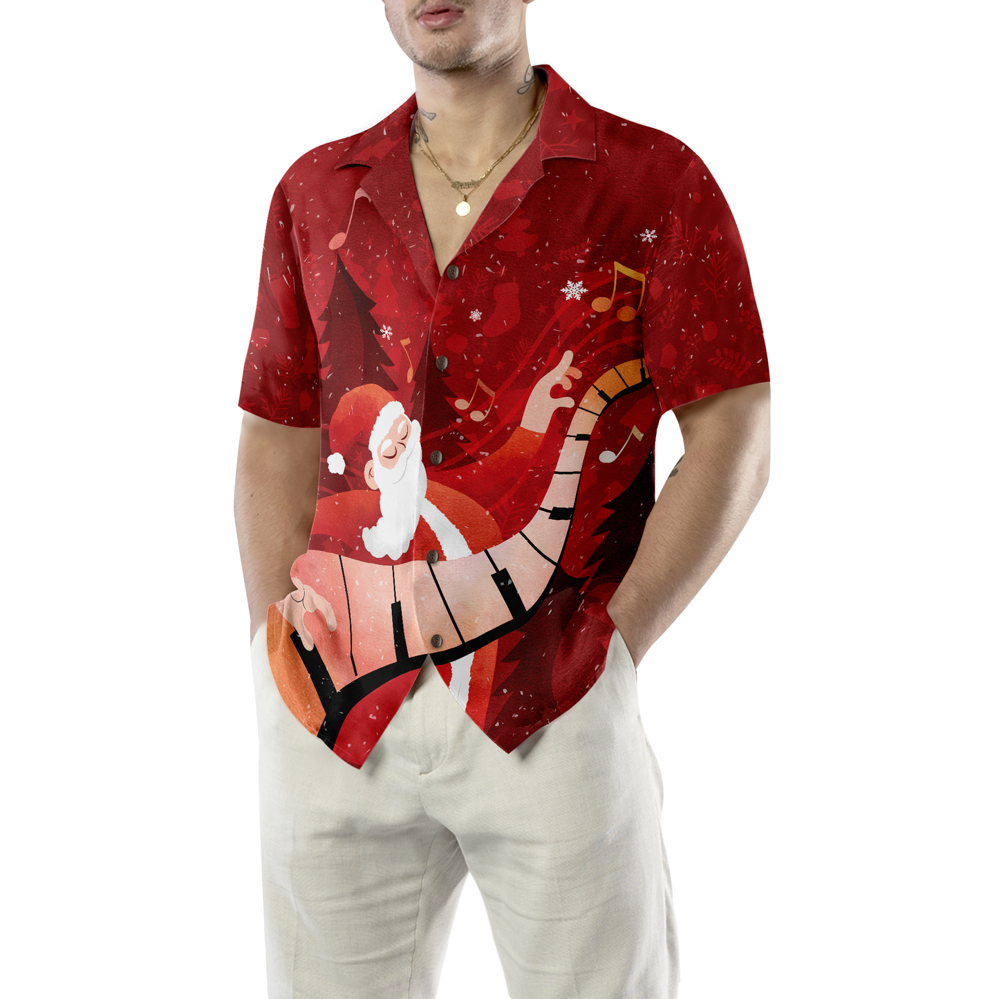 WW | Hyperfavor Weihnachts-Hawaiian-Shirts für Männer und Frauen, Santa spielt Klavier Hawaiian Shirt Knopf-down Shirt Kurzarm