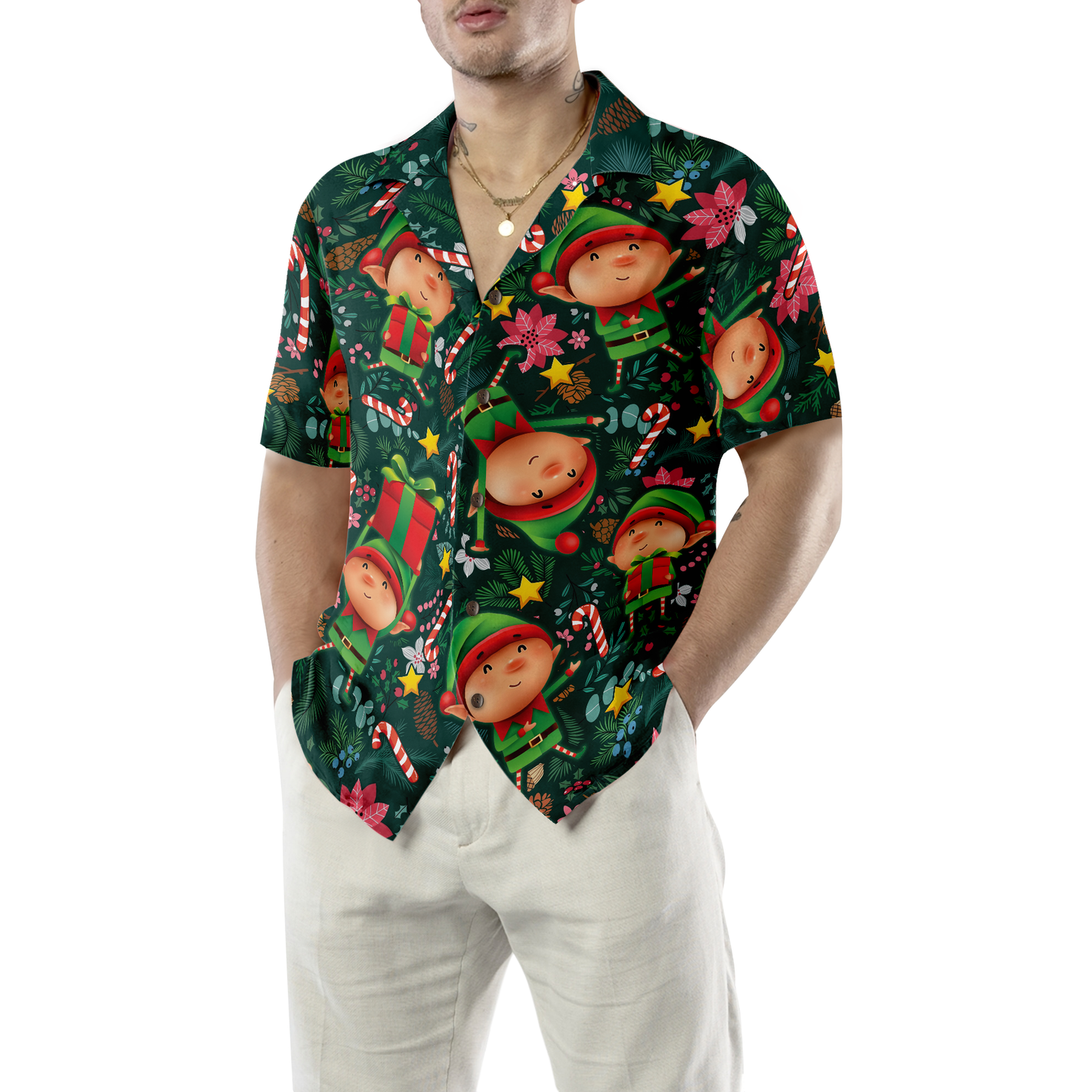 WW | Hyperfavor Weihnachts-Hawaiianhemden, Das Weihnachts-Elf Mit Dunkelgrünem Muster Kurzarmhemd, Weihnachtshemd Geschenkidee Für Männer Und Frauen