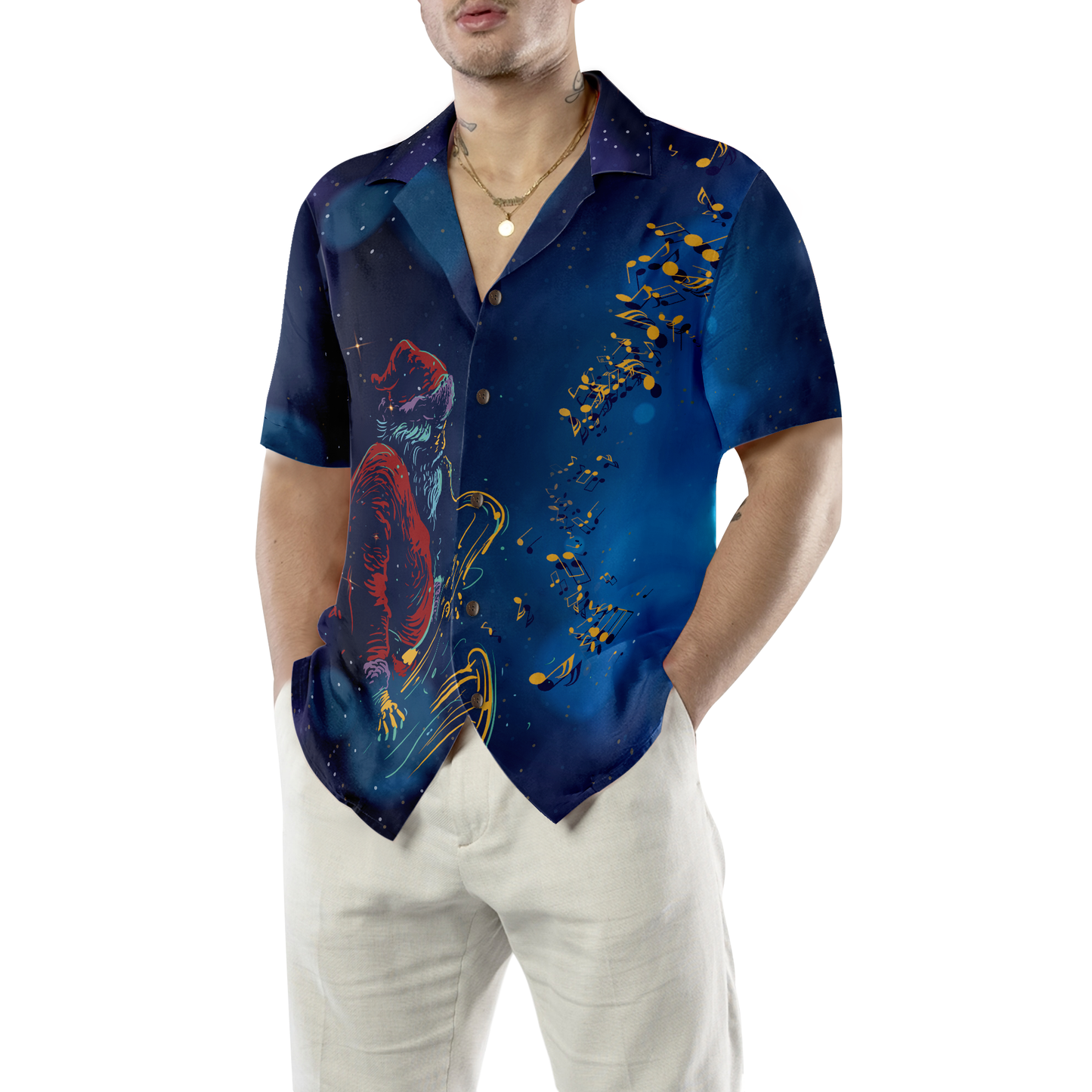 WW | Hyperfavor Weihnachts-Hawaiihhemden, Santa Claus spielt das Saxophon Shirt Kurzarm, Weihnachtshemd Geschenkidee für Männer und Frauen