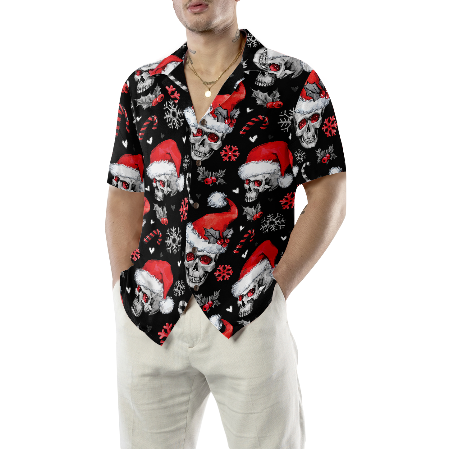 WW | Weihnachts-Schädel mit Zuckerstangen Weihnachts-Hawaiian-Shirt, Schädel Weihnachts-Hawaiian-Shirt für Herren