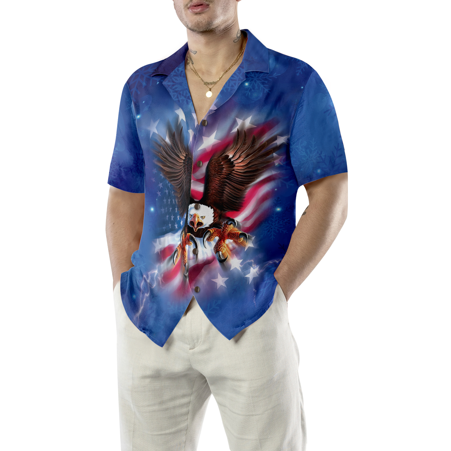 WW | Hyperfavor Weihnachts-Hawaiian-Shirts für Männer und Frauen, Adler fliegt mit amerikanischer Flagge Hawaiian Shirt Button-Down-Shirt Kurzarm
