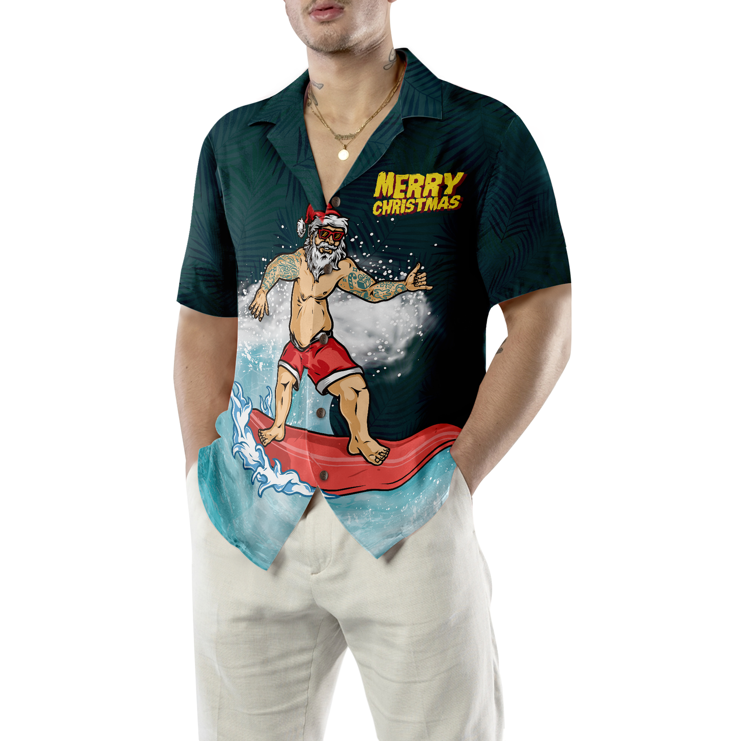 WW | Hyperfavor Weihnachts-Hawaiianhemden, Surfender Weihnachtsmann Fröhliche Weihnachten Shirt Kurzarm, Weihnachtshemden Geschenkidee für Männer und Frauen