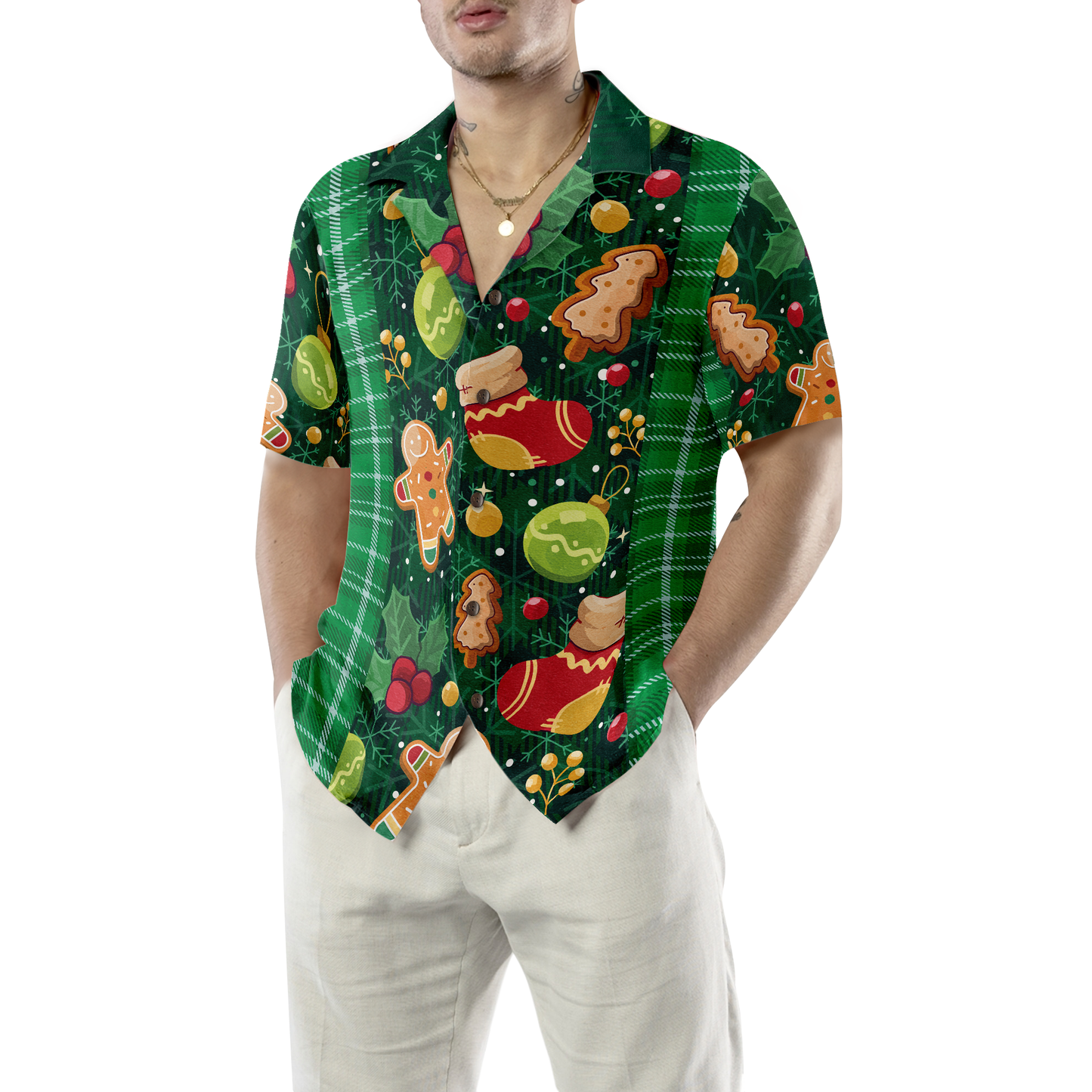 WW | Hyperfavor Weihnachtsgrün Plaid Muster Hawaiian Shirt, Weihnachtshemden Kurzarm Button-Down Shirt für Männer und Frauen